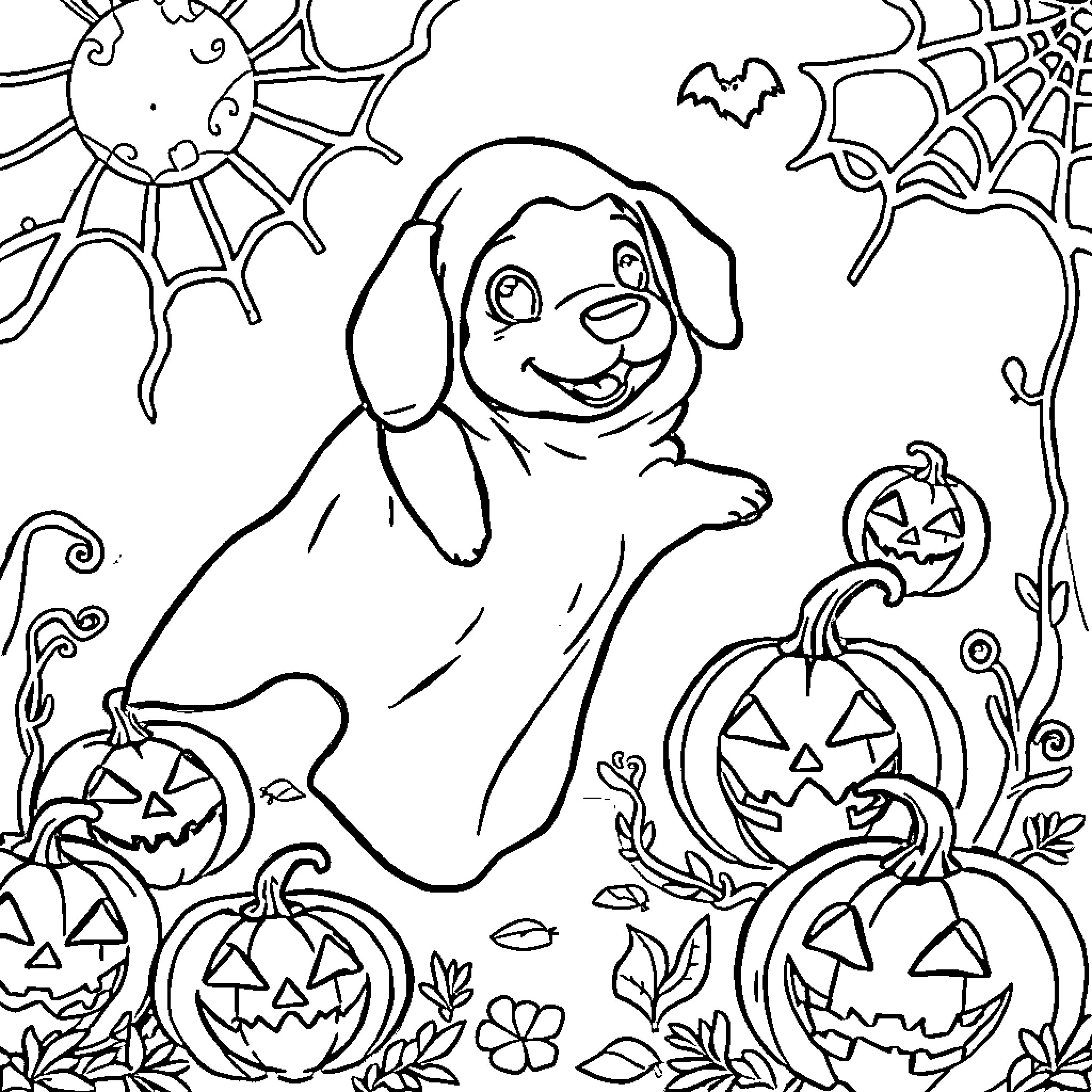 Sausage Dog in Halloween costume playing with pumpkins Coloring Page (free black-and-white line drawing printable PDF for all, from beginners to advanced learners, including children, teens, adults, and seniors)