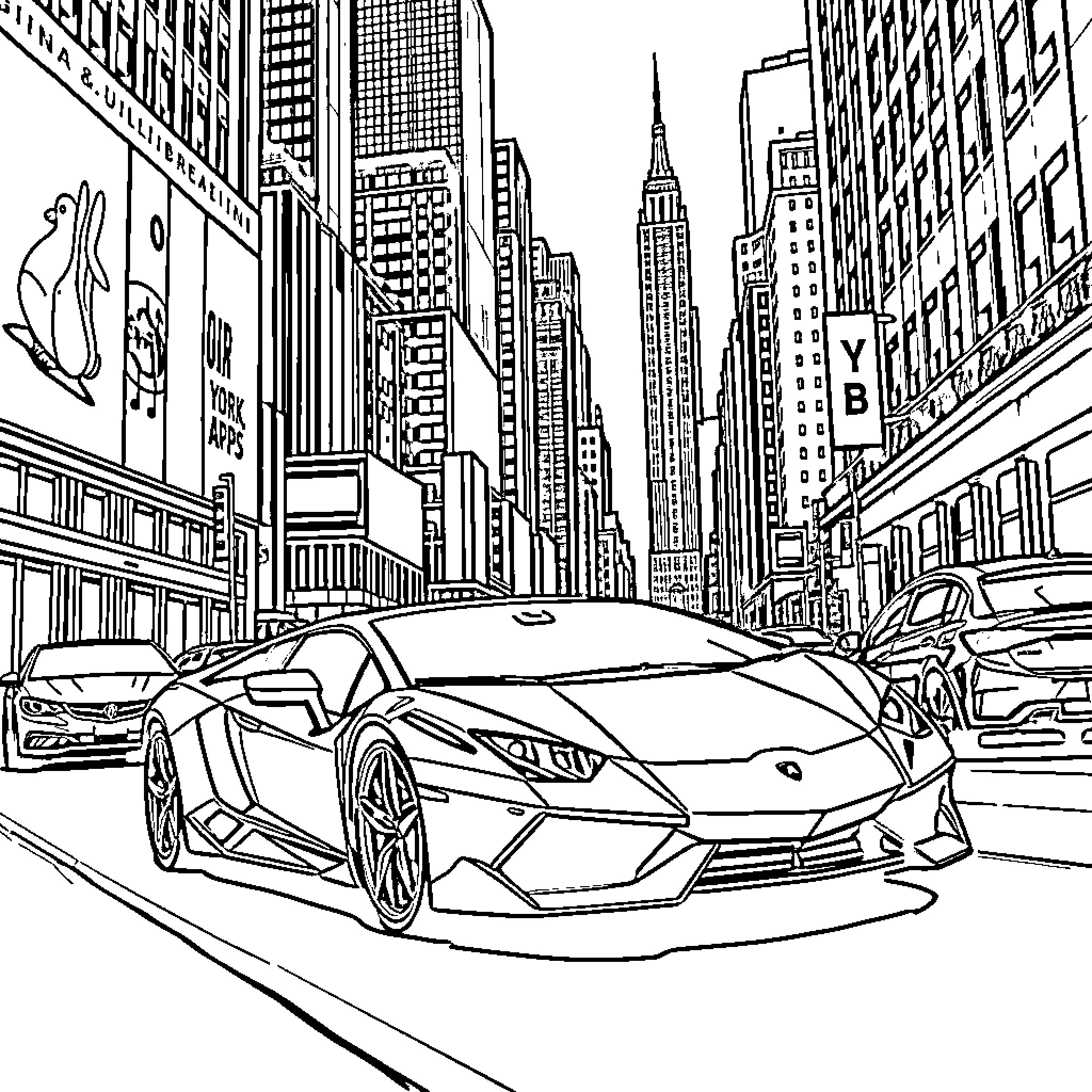 Lamborghini sports car in bustling city Coloring Page (free black-and-white line drawing printable PDF for all, from beginners to advanced learners, including children, teens, adults, and seniors)