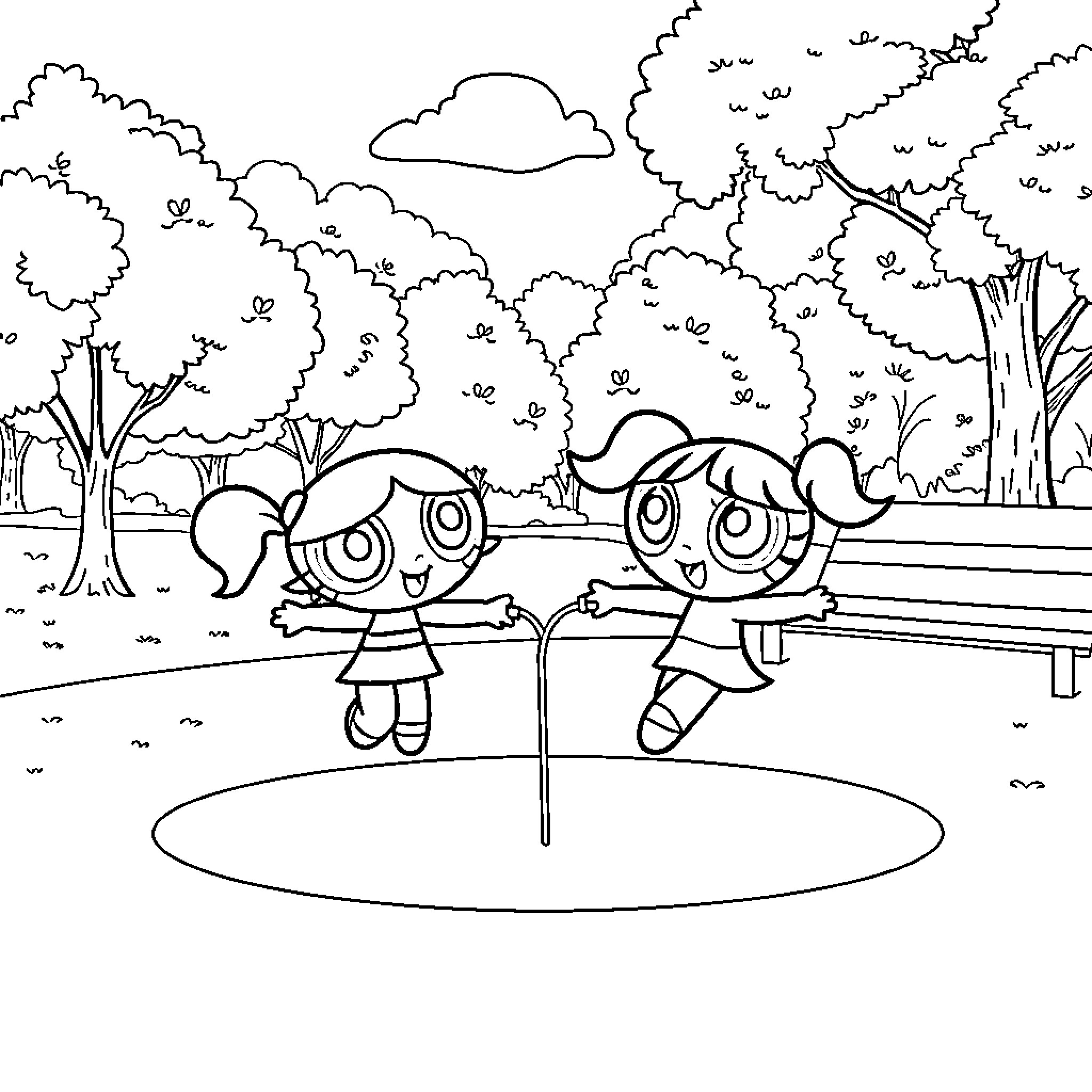 Power Puff Girls playing in the park Coloring Page (free black-and-white line drawing printable PDF for all, from beginners to advanced learners, including children, teens, adults, and seniors)