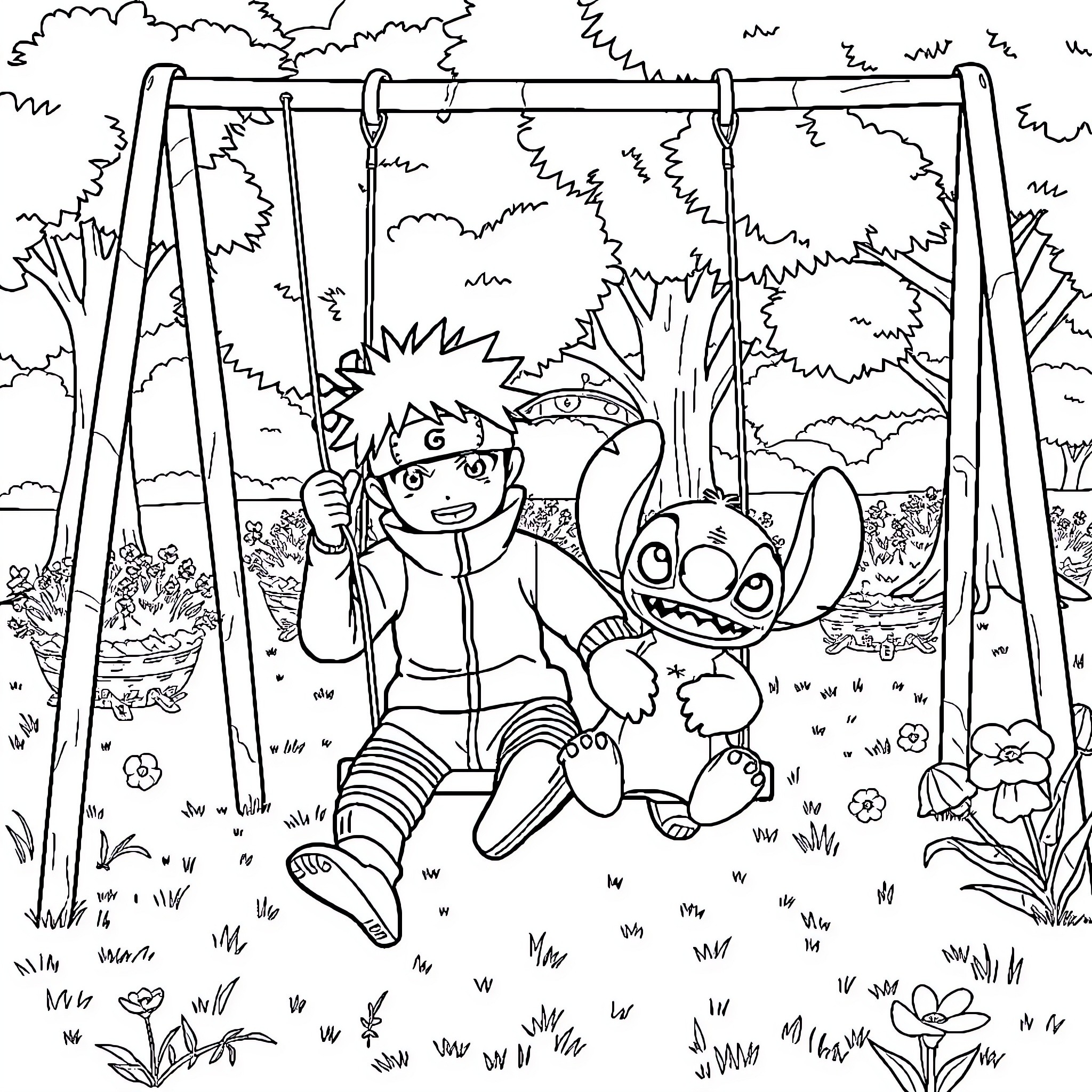 Naruto and Stitch having fun on swings in the forest Coloring Page (free black-and-white line drawing printable PDF for all, from beginners to advanced learners, including children, teens, adults, and seniors)