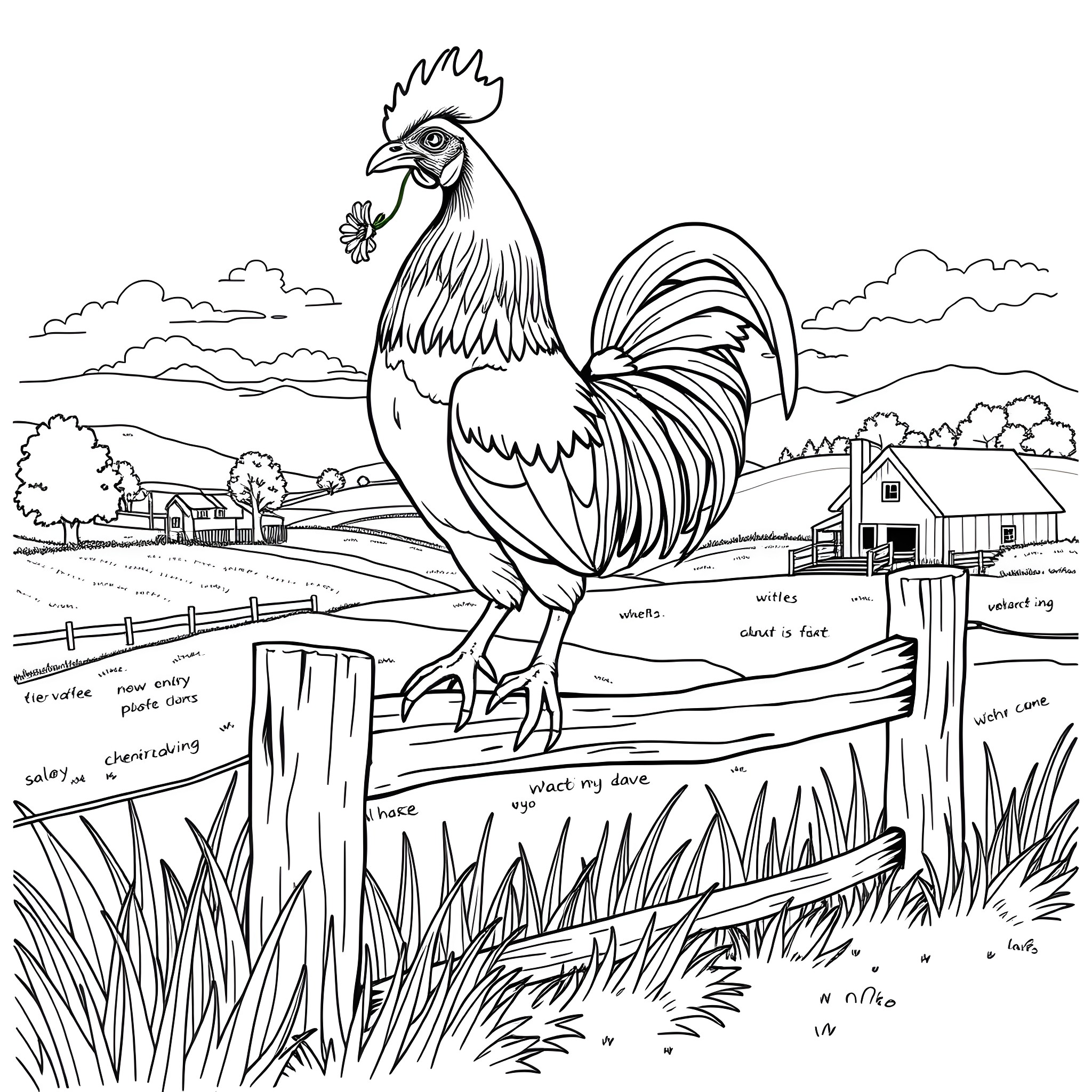 Rooster strutting proudly on a rural farm landscape Coloring Page (free black-and-white line drawing printable PDF for all, from beginners to advanced learners, including children, teens, adults, and seniors)
