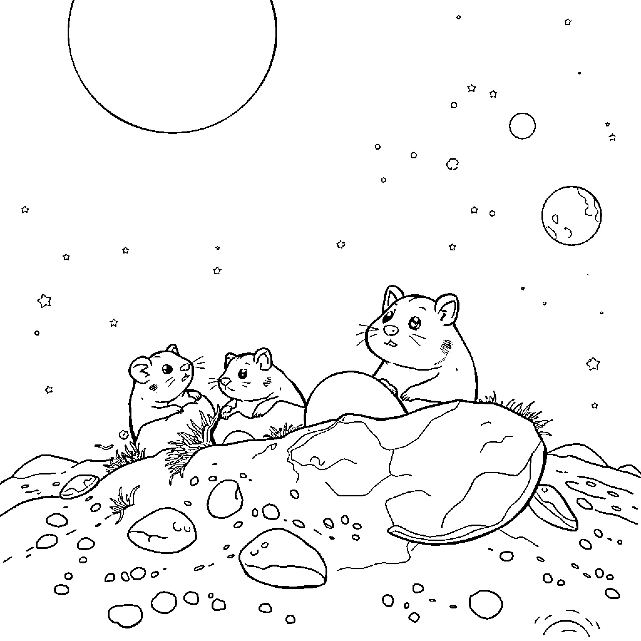 Hamsters exploring the rocky landscape Coloring Page (free black-and-white line drawing printable PDF for all, from beginners to advanced learners, including children, teens, adults, and seniors)