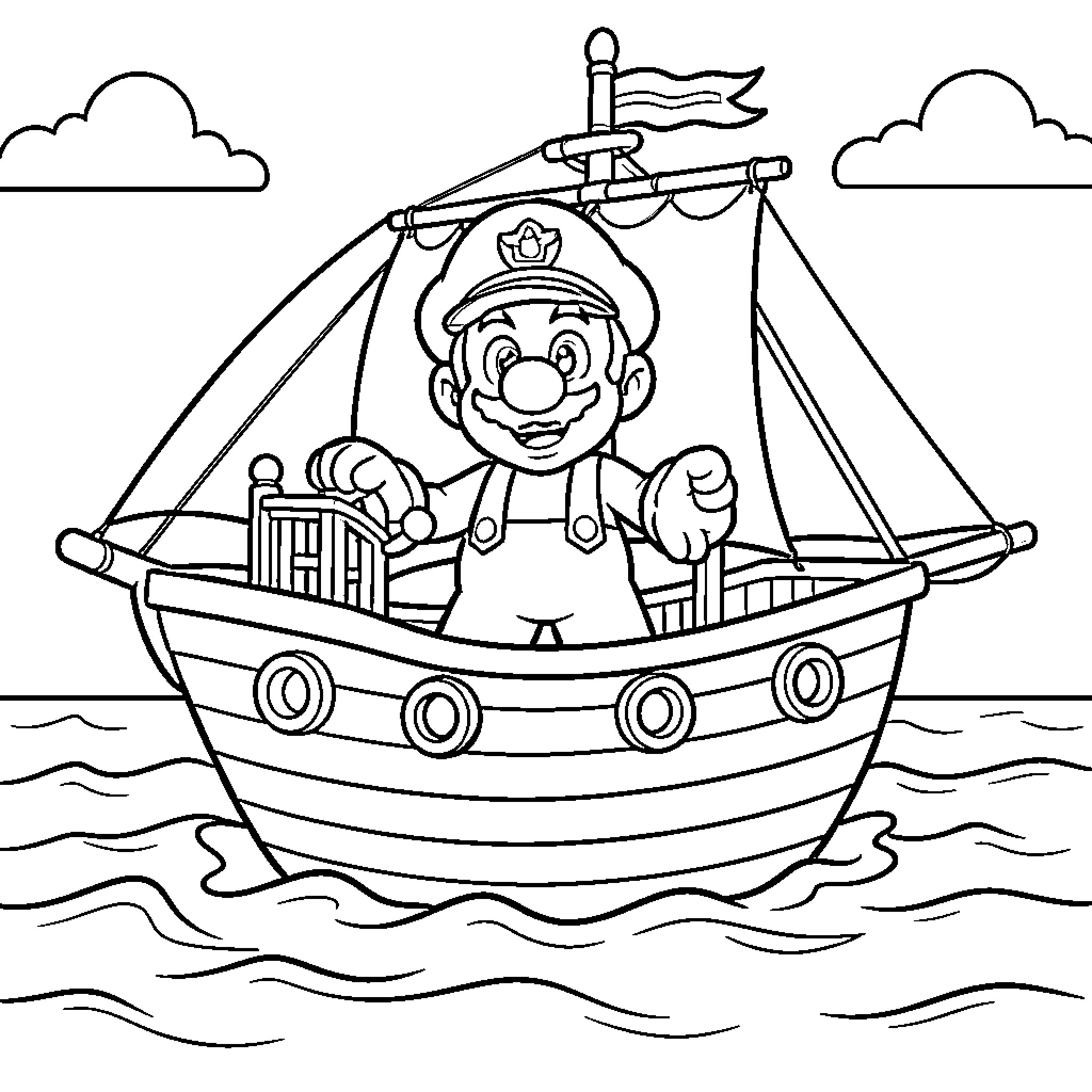 Mario sails a ship on the open sea Coloring Page (free black-and-white line drawing printable PDF for all, from beginners to advanced learners, including children, teens, adults, and seniors)