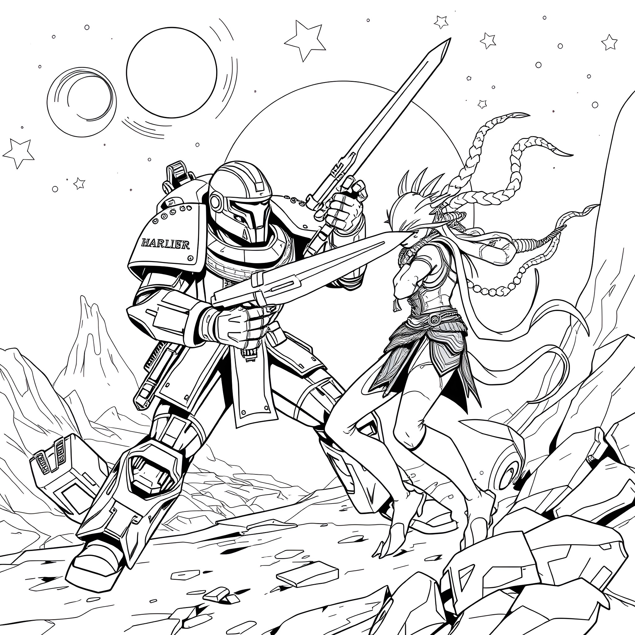 Space Marine Battles Alien Creature in Sci-Fi Landscape Coloring Page (free black-and-white line drawing printable PDF for all, from beginners to advanced learners, including children, teens, adults, and seniors)