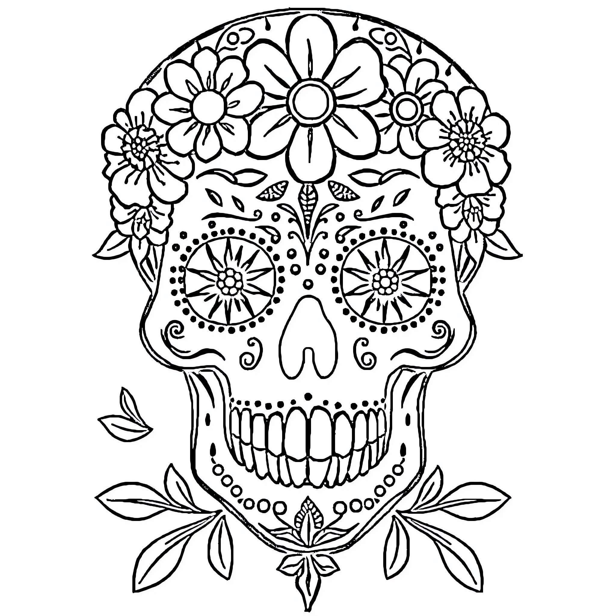 Skull adorned with intricate floral patterns Coloring Page (free black-and-white line drawing printable PDF for all, from beginners to advanced learners, including children, teens, adults, and seniors)