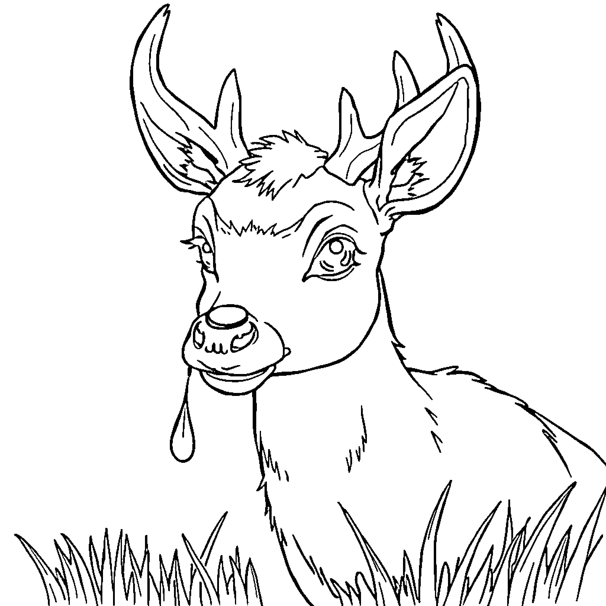 Deer observing curiously in the meadow Coloring Page (free black-and-white line drawing printable PDF for all, from beginners to advanced learners, including children, teens, adults, and seniors)