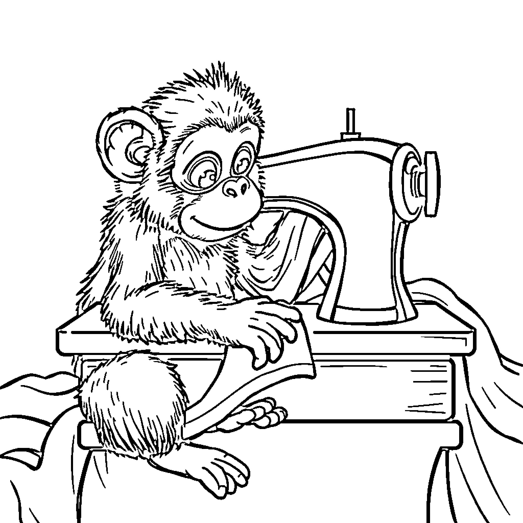 Monkey operating a sewing machine with focus Coloring Page (free black-and-white line drawing printable PDF for all, from beginners to advanced learners, including children, teens, adults, and seniors)