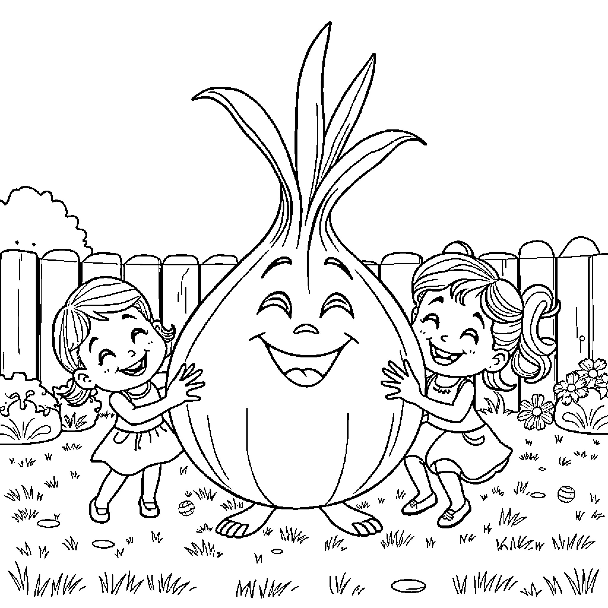 Onion friends playing joyfully in the garden Coloring Page (free black-and-white line drawing printable PDF for all, from beginners to advanced learners, including children, teens, adults, and seniors)
