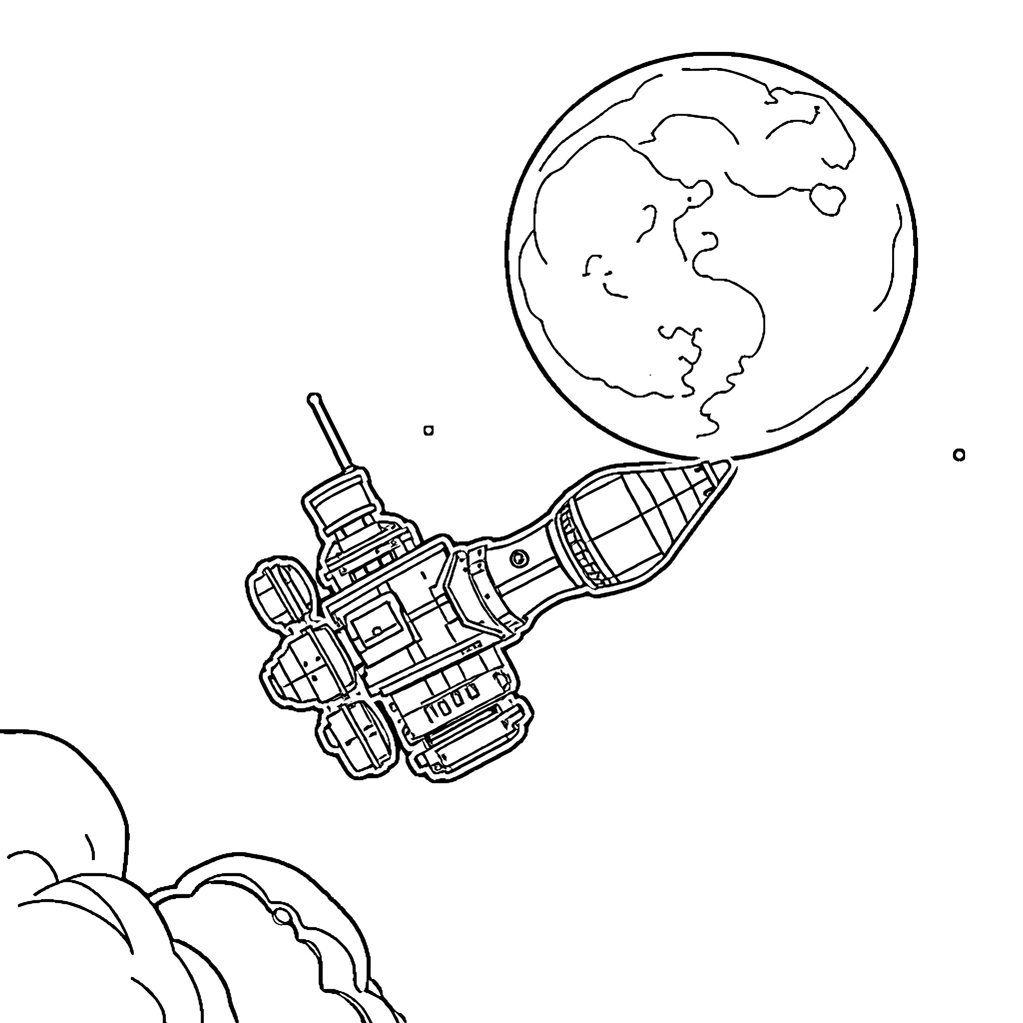 Space Station Orbiting the Earth Coloring Page (free black-and-white line drawing printable PDF for all, from beginners to advanced learners, including children, teens, adults, and seniors)