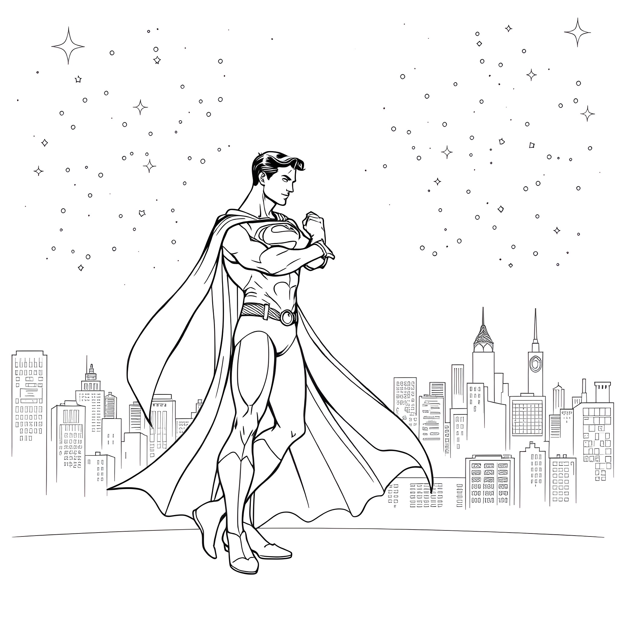 Superman surveying the night city skyline Coloring Page (free black-and-white line drawing printable PDF for all, from beginners to advanced learners, including children, teens, adults, and seniors)