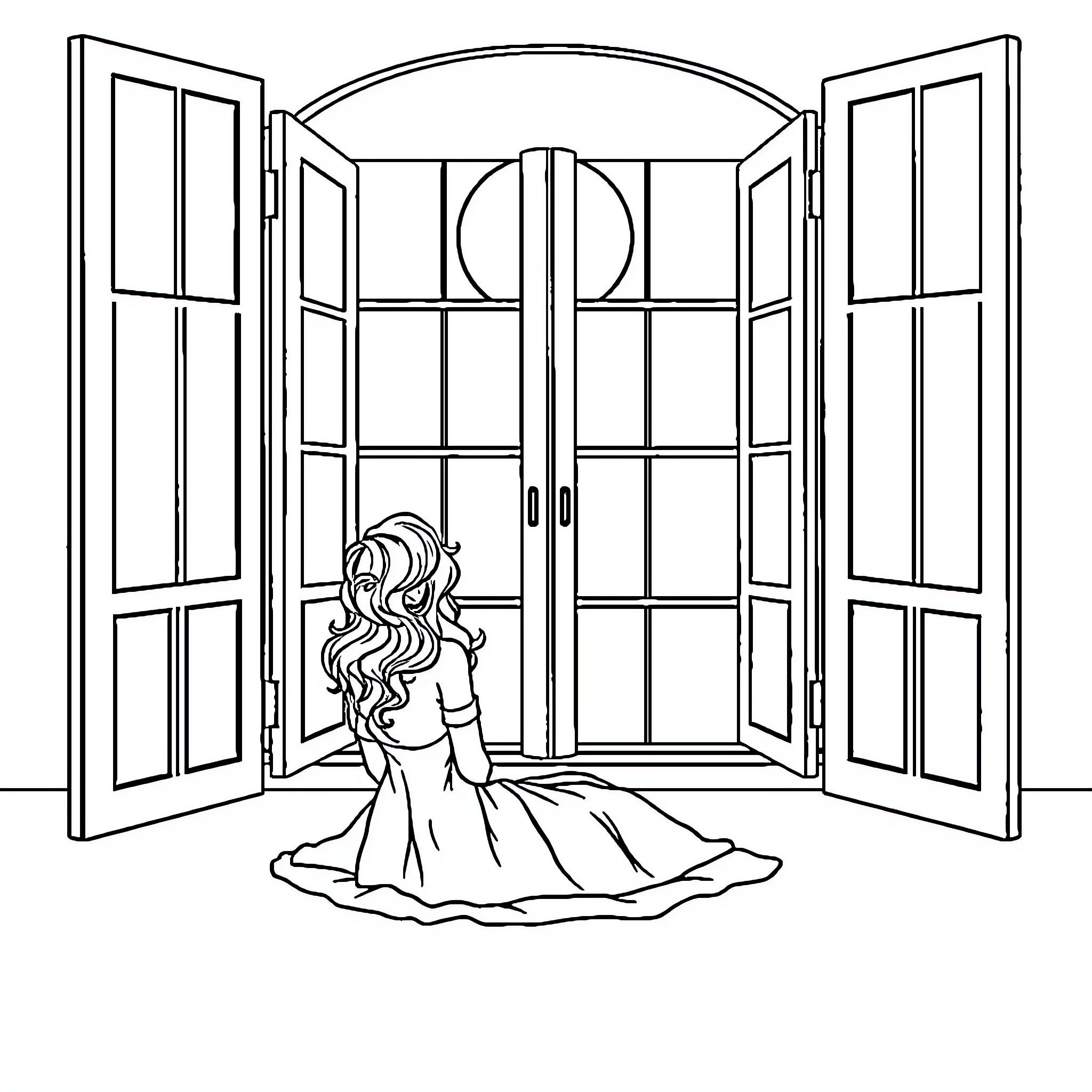 Rouge Gorge: Solitary Figure in Ornate Doorway Coloring Page (free black-and-white line drawing printable PDF for all, from beginners to advanced learners, including children, teens, adults, and seniors)