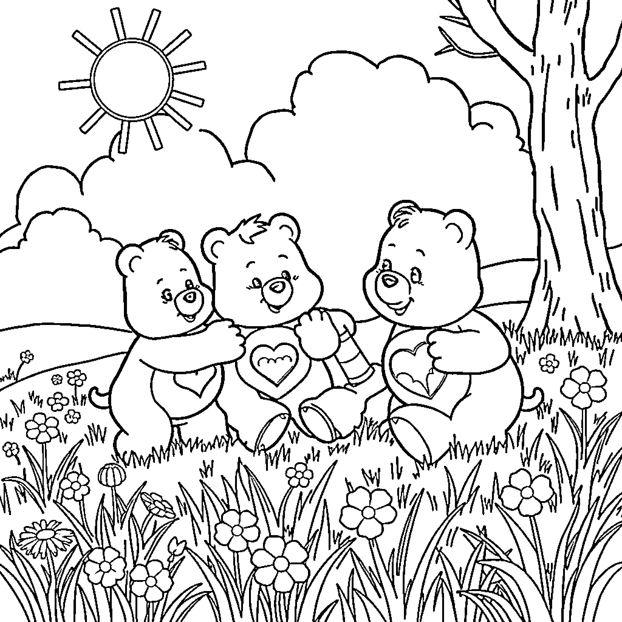 Care Bear friends enjoying a sunny day outdoors Coloring Page (free black-and-white line drawing printable PDF for all, from beginners to advanced learners, including children, teens, adults, and seniors)