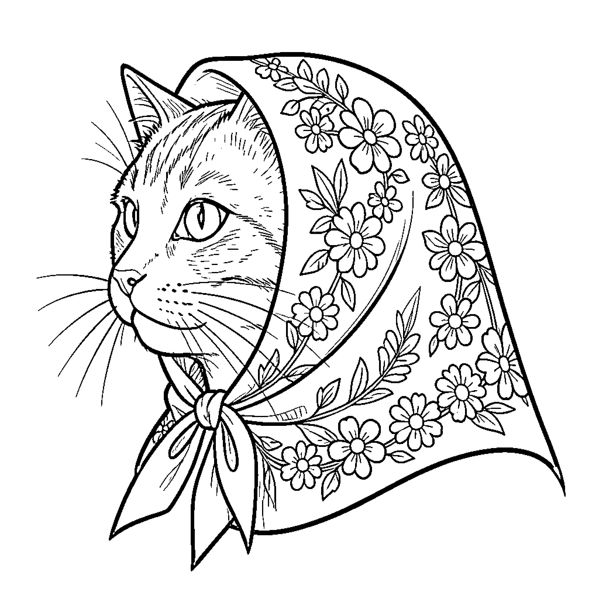 Babooshka Cat wearing a floral patterned headscarf Coloring Page (free black-and-white line drawing printable PDF for all, from beginners to advanced learners, including children, teens, adults, and seniors)