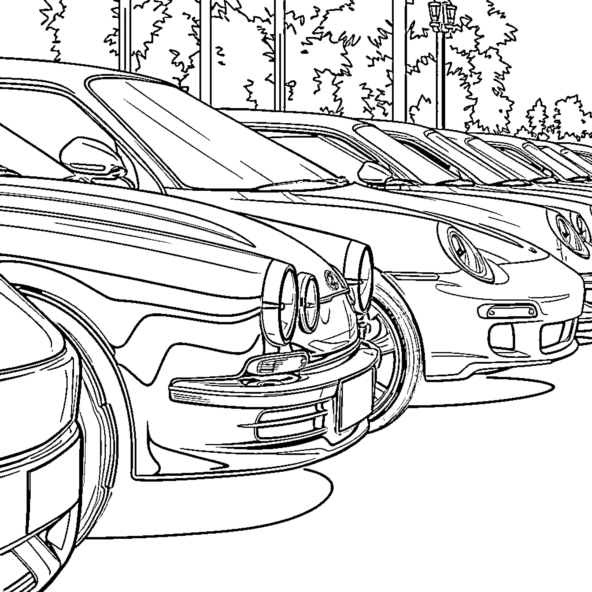 Automotive Vehicles Parked in a Row Coloring Page (free black-and-white line drawing printable PDF for all, from beginners to advanced learners, including children, teens, adults, and seniors)