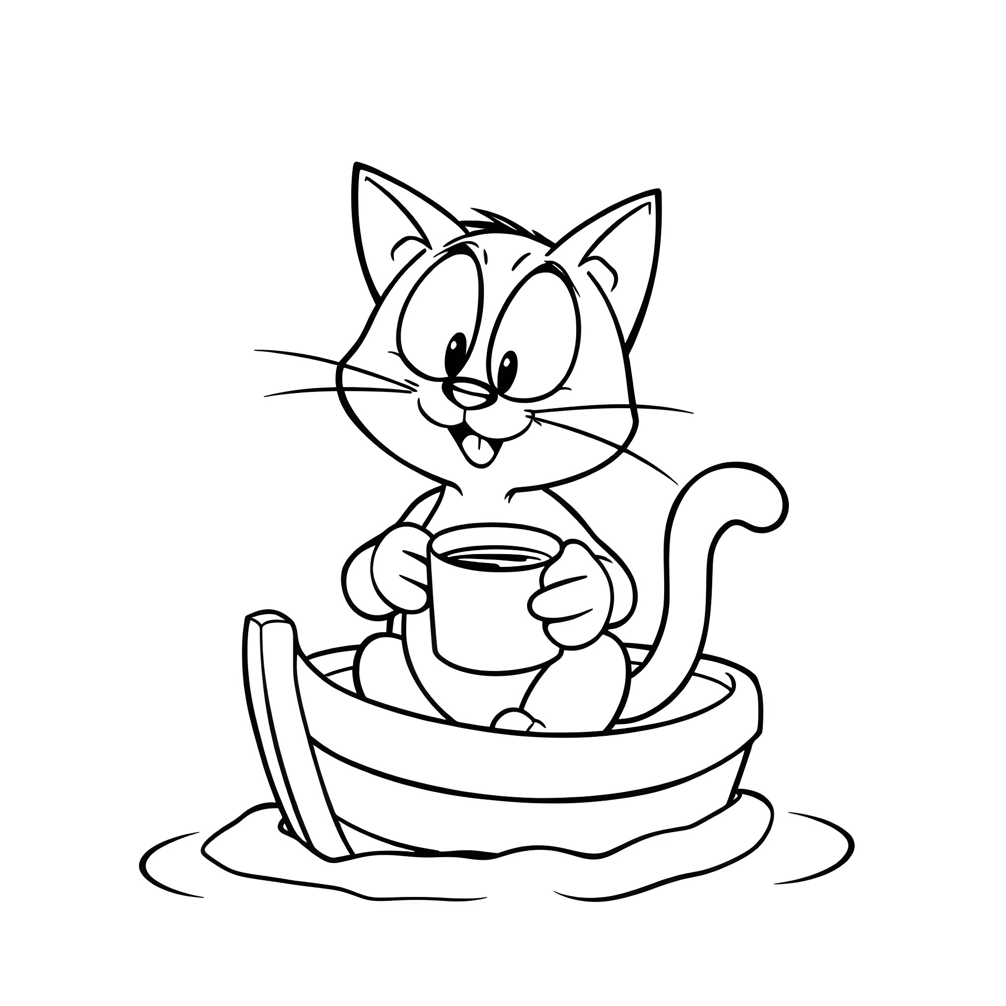 Felix the cat enjoying a warm cup of coffee Coloring Page (free black-and-white line drawing printable PDF for all, from beginners to advanced learners, including children, teens, adults, and seniors)