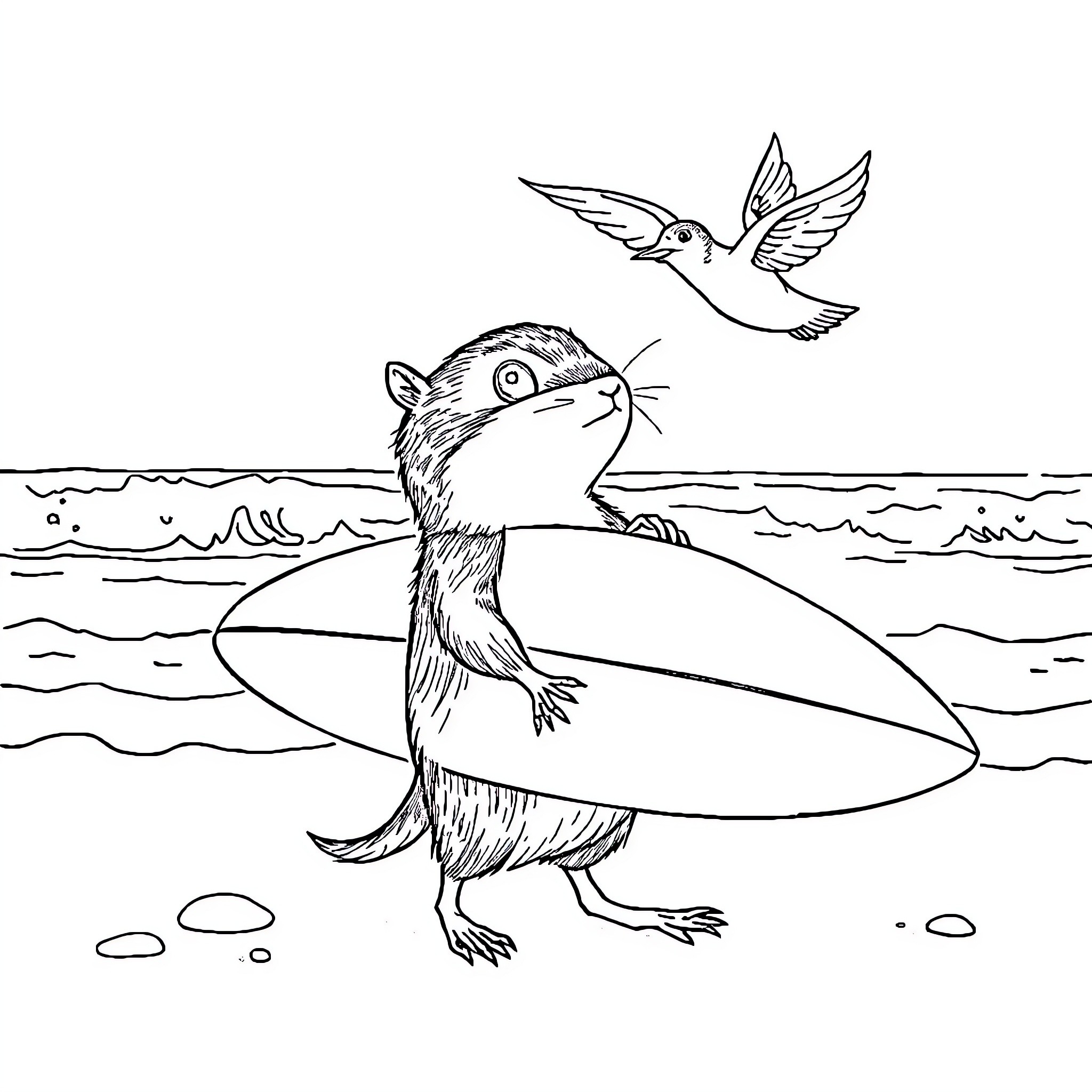 Mouse surfer catches waves with hummingbird friend Coloring Page (free black-and-white line drawing printable PDF for all, from beginners to advanced learners, including children, teens, adults, and seniors)