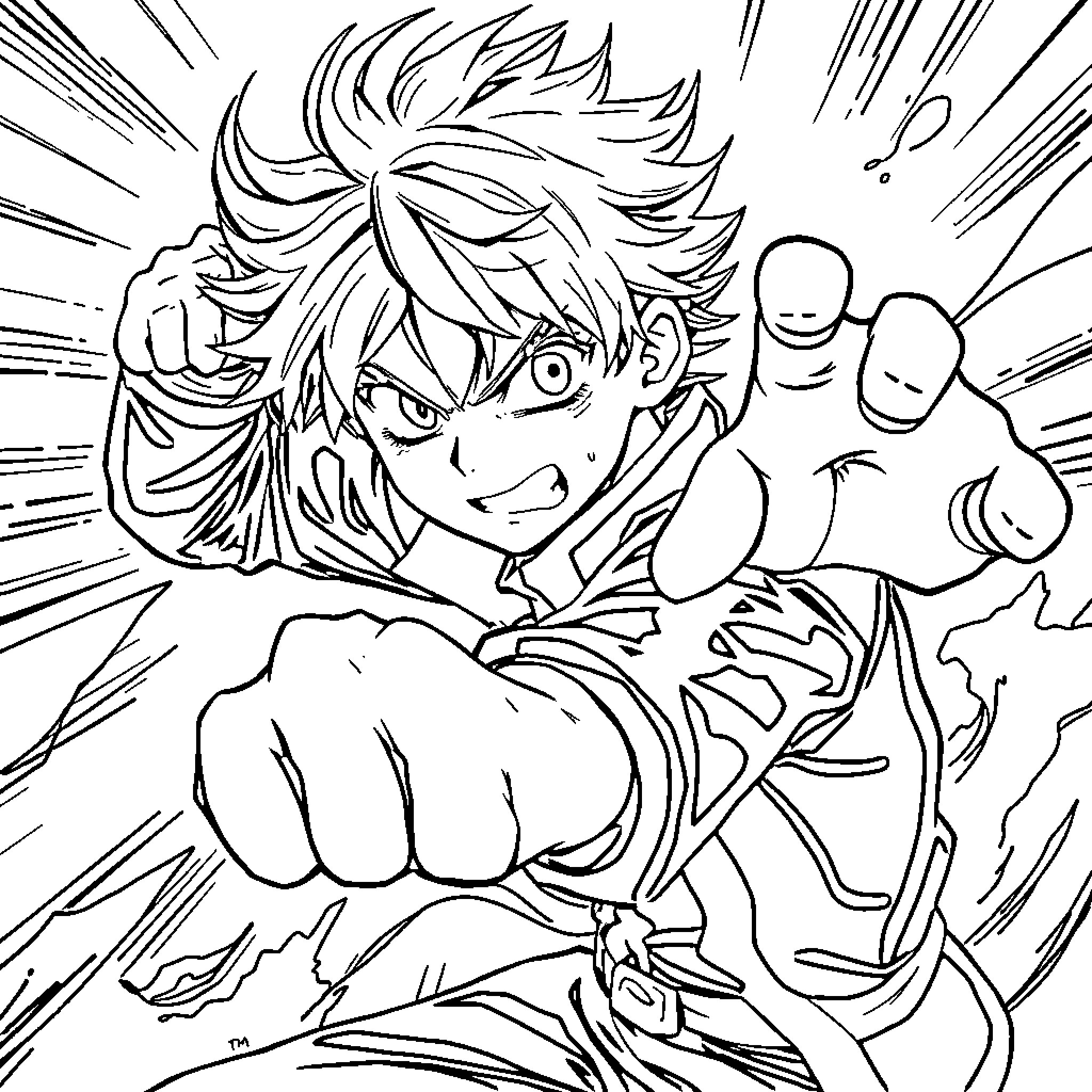 Izuku Midoriya Unleashing Powerful Attack Coloring Page (free black-and-white line drawing printable PDF for all, from beginners to advanced learners, including children, teens, adults, and seniors)