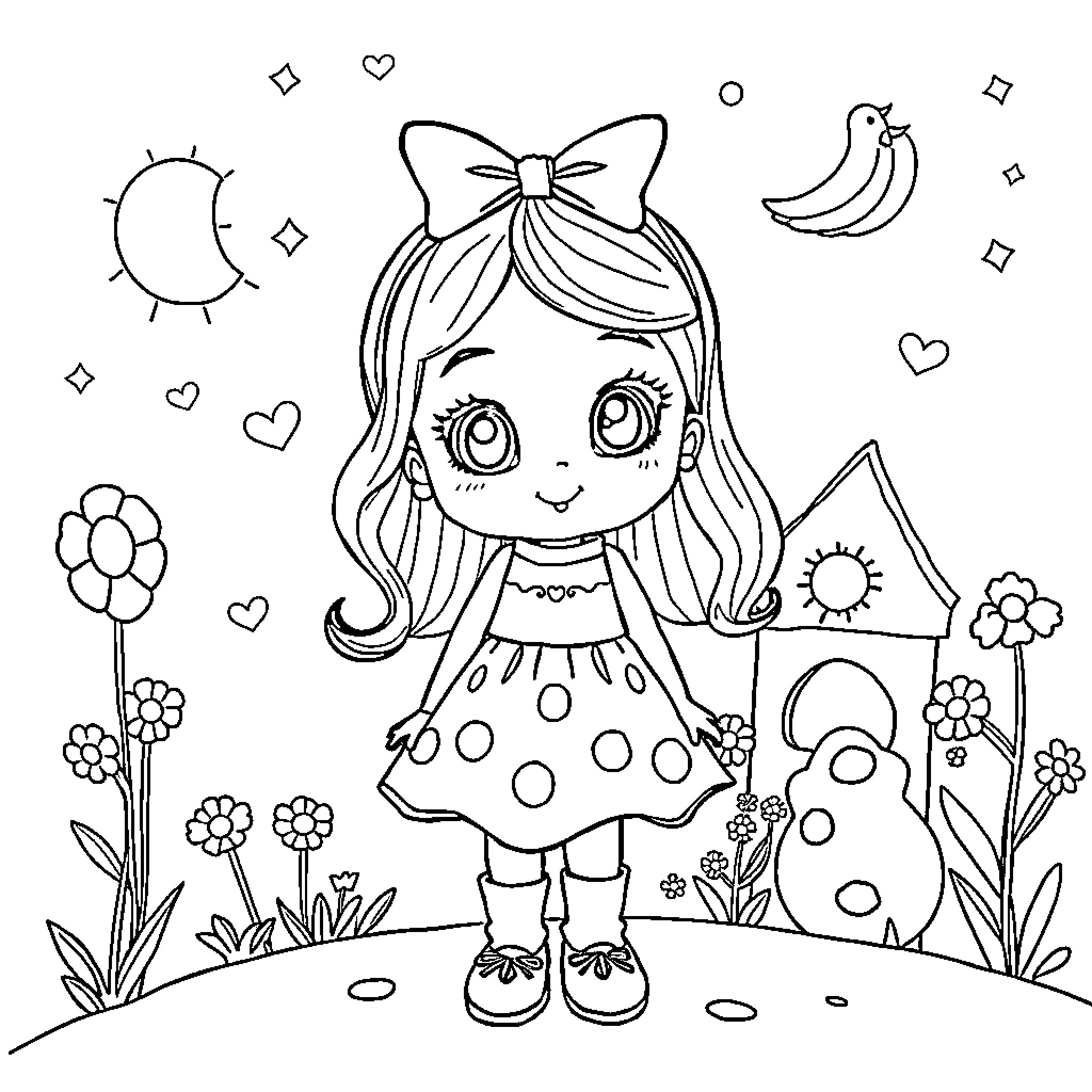 Niece's cheerful day in the garden Coloring Page (free black-and-white line drawing printable PDF for all, from beginners to advanced learners, including children, teens, adults, and seniors)