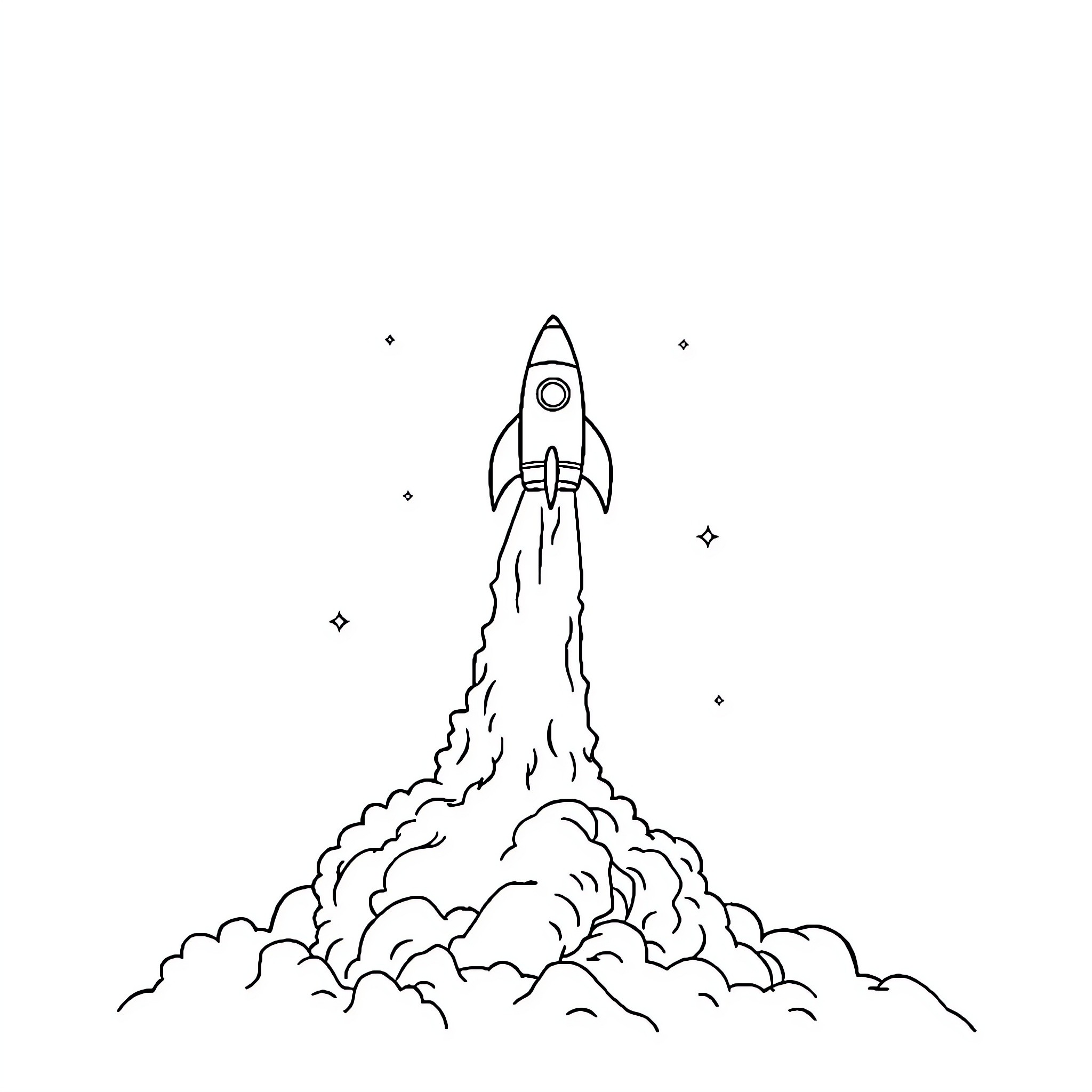 Rocket launching into the starry sky Coloring Page (free black-and-white line drawing printable PDF for all, from beginners to advanced learners, including children, teens, adults, and seniors)
