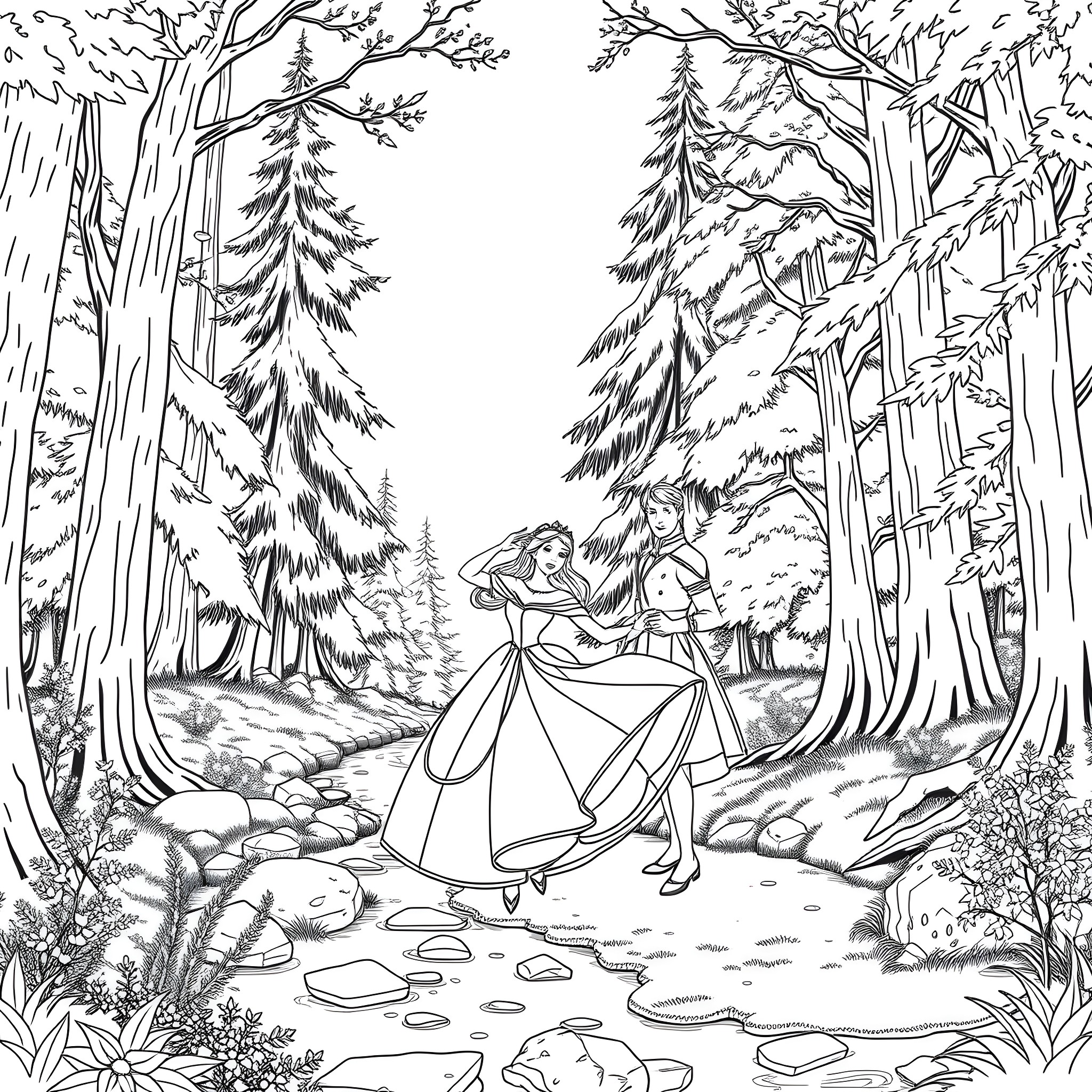 Aurora: Romantic Dance in the Enchanted Forest Coloring Page (free black-and-white line drawing printable PDF for all, from beginners to advanced learners, including children, teens, adults, and seniors)