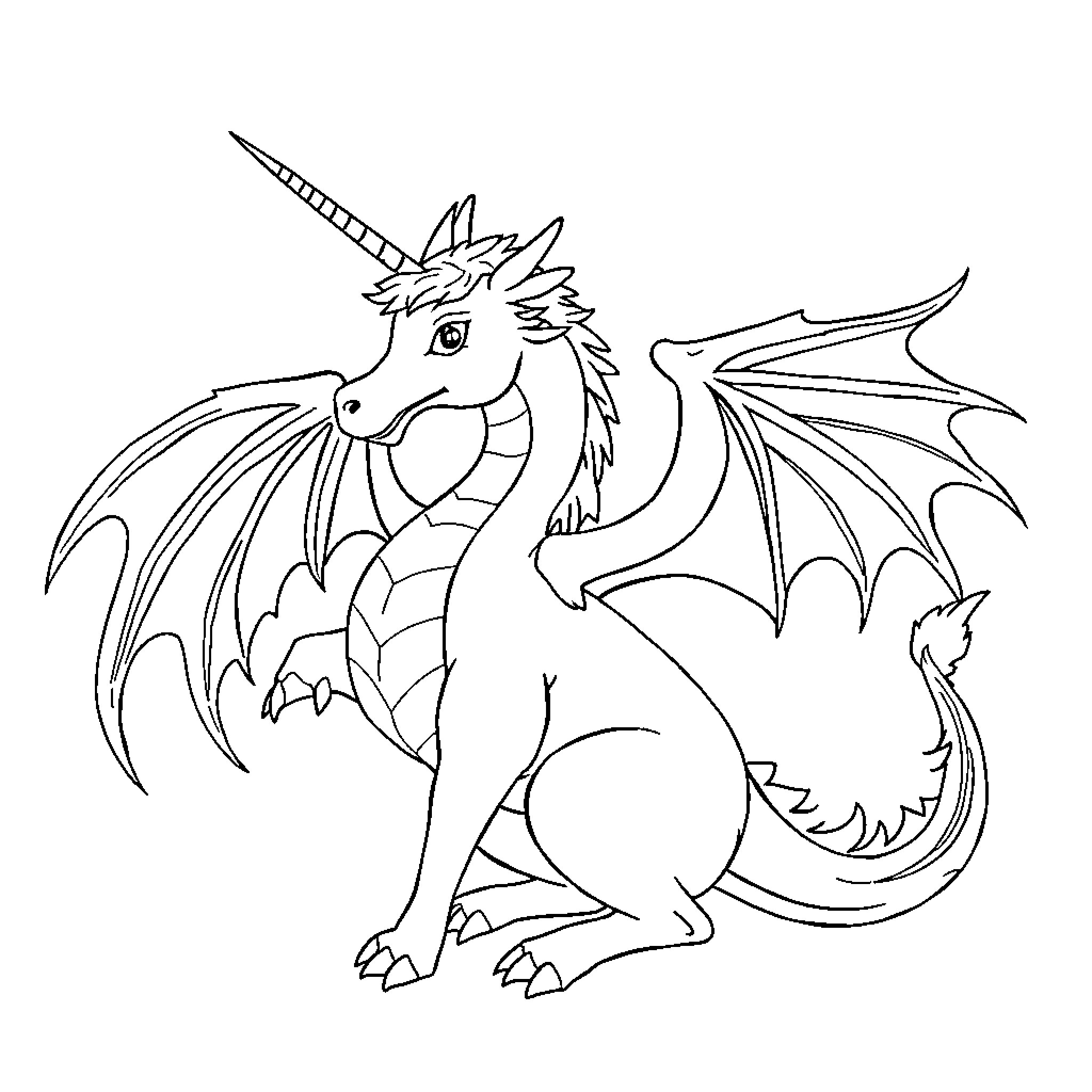 Animal dragon with wings and horn Coloring Page (free black-and-white line drawing printable PDF for all, from beginners to advanced learners, including children, teens, adults, and seniors)