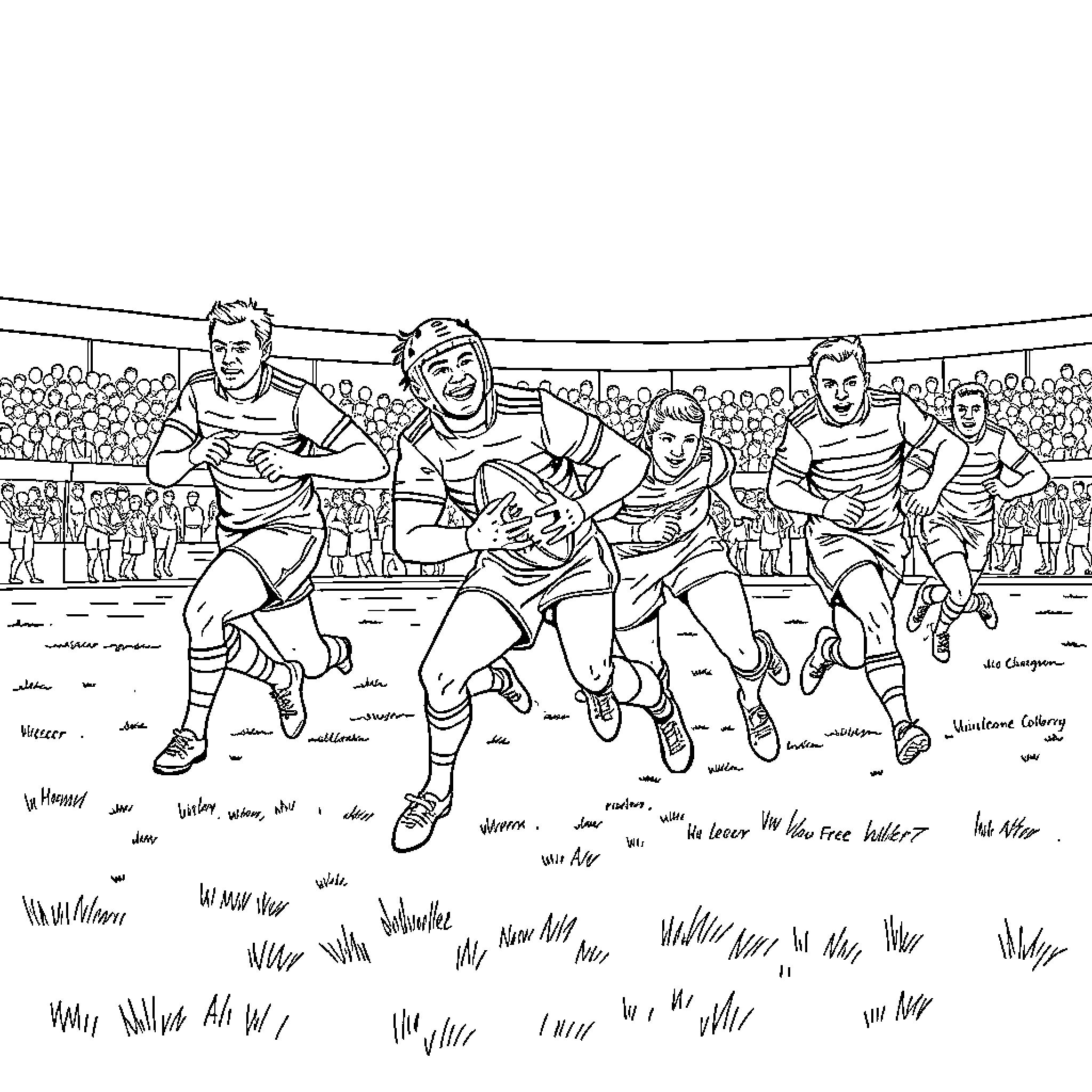 Rugby players in fierce competition on the field Coloring Page (free black-and-white line drawing printable PDF for all, from beginners to advanced learners, including children, teens, adults, and seniors)