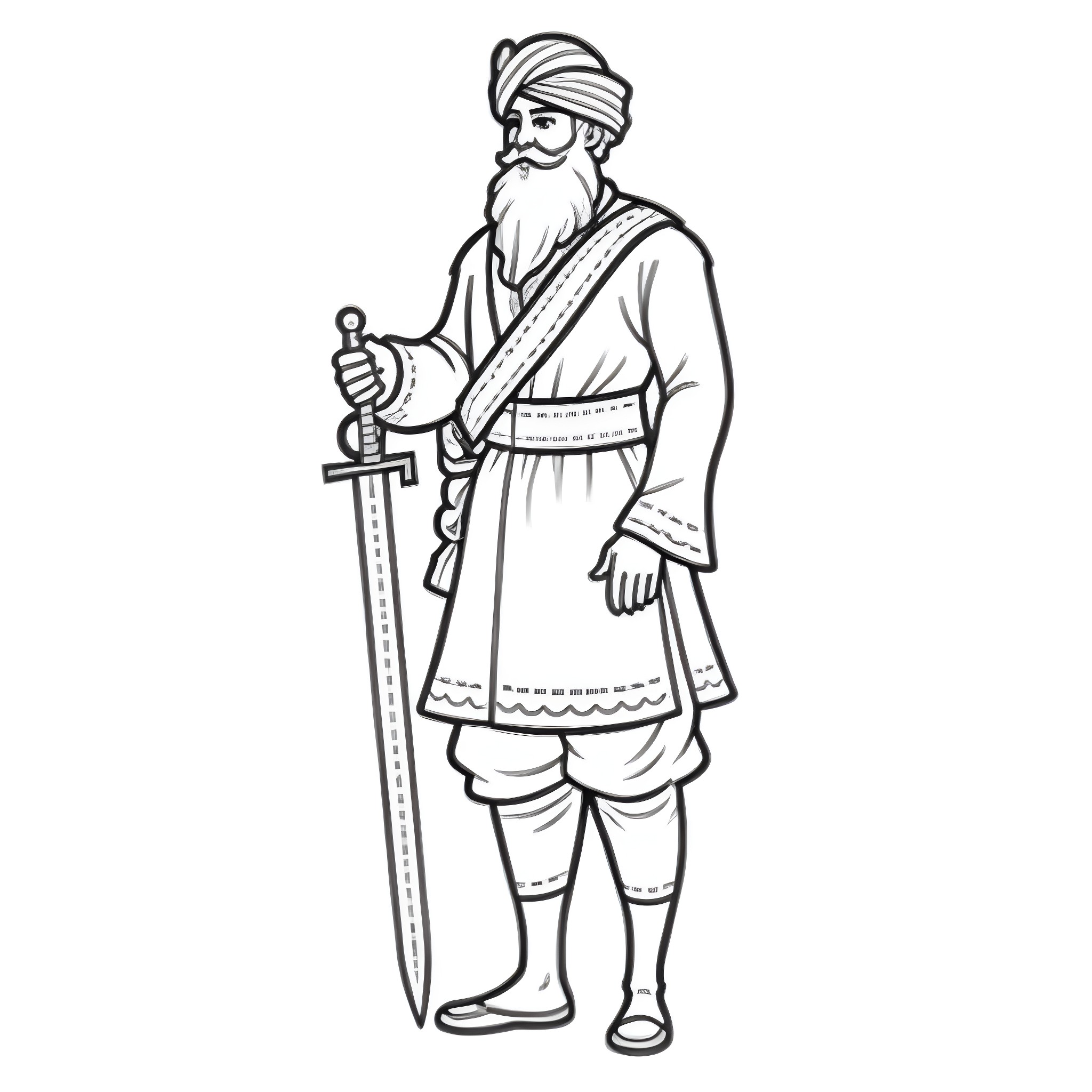 Sant Jarnail Singh Bhindranwale standing with sword Coloring Page (free black-and-white line drawing printable PDF for all, from beginners to advanced learners, including children, teens, adults, and seniors)