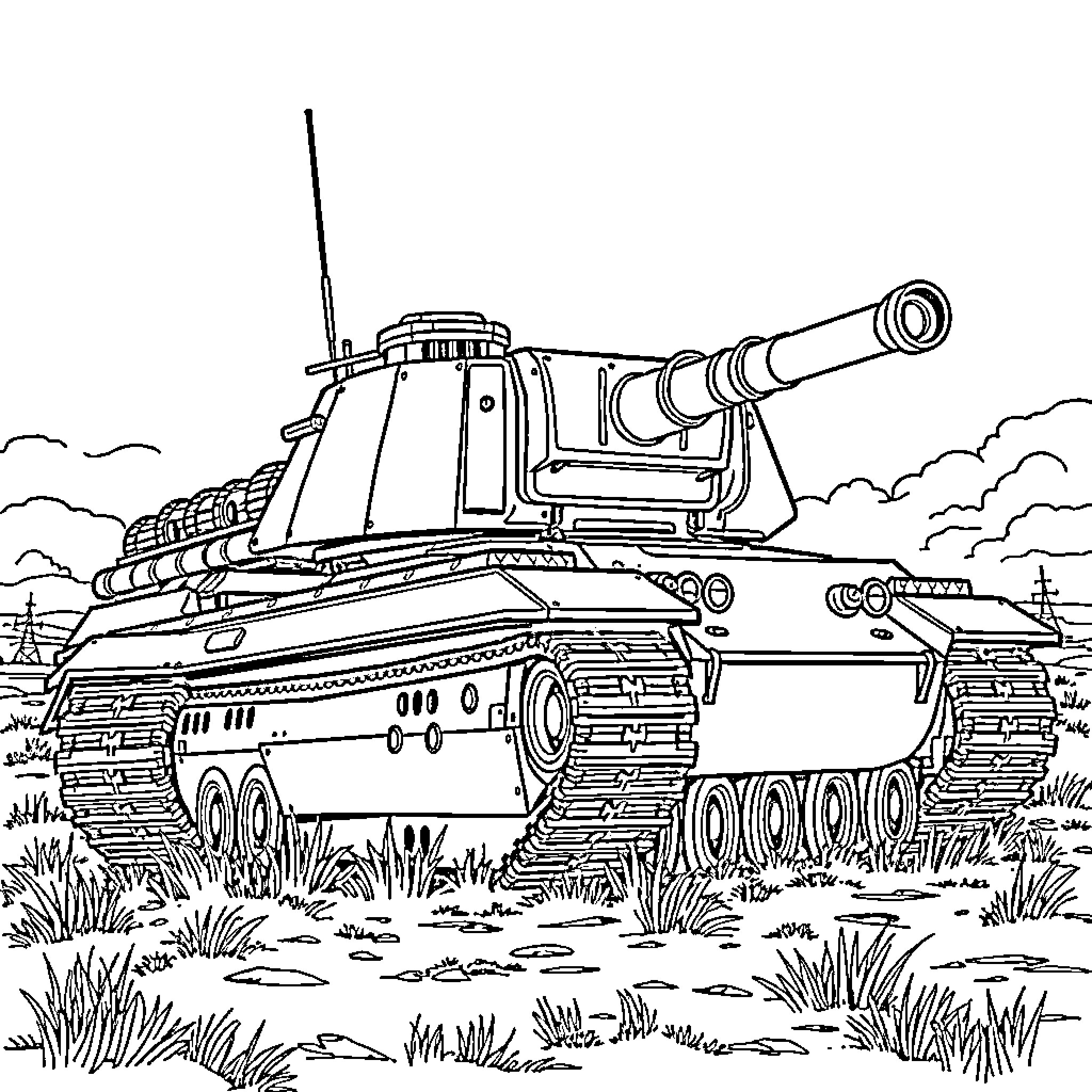 Tank navigating through the battlefield landscape Coloring Page (free black-and-white line drawing printable PDF for all, from beginners to advanced learners, including children, teens, adults, and seniors)