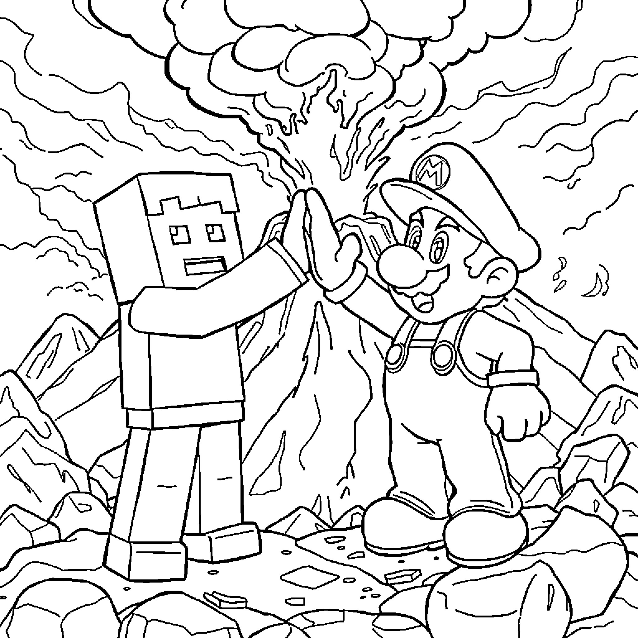 Steve's Heroic Adventure in the Explosive Terrain Coloring Page (free black-and-white line drawing printable PDF for all, from beginners to advanced learners, including children, teens, adults, and seniors)