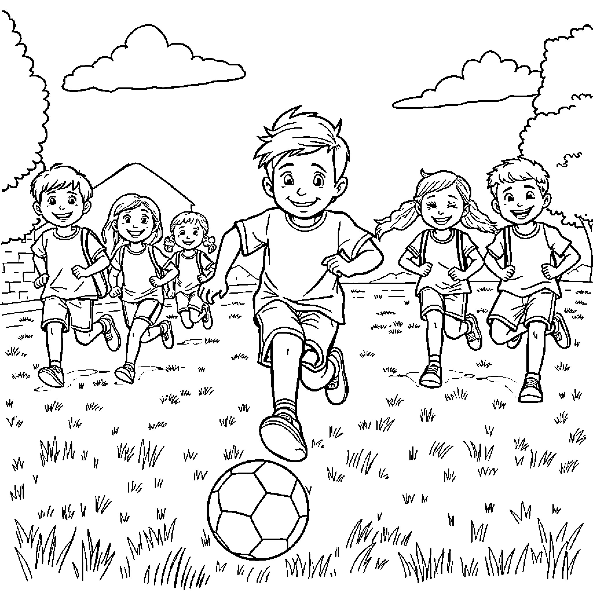 Child Enjoying Outdoor Soccer Game with Friends Coloring Page (free black-and-white line drawing printable PDF for all, from beginners to advanced learners, including children, teens, adults, and seniors)