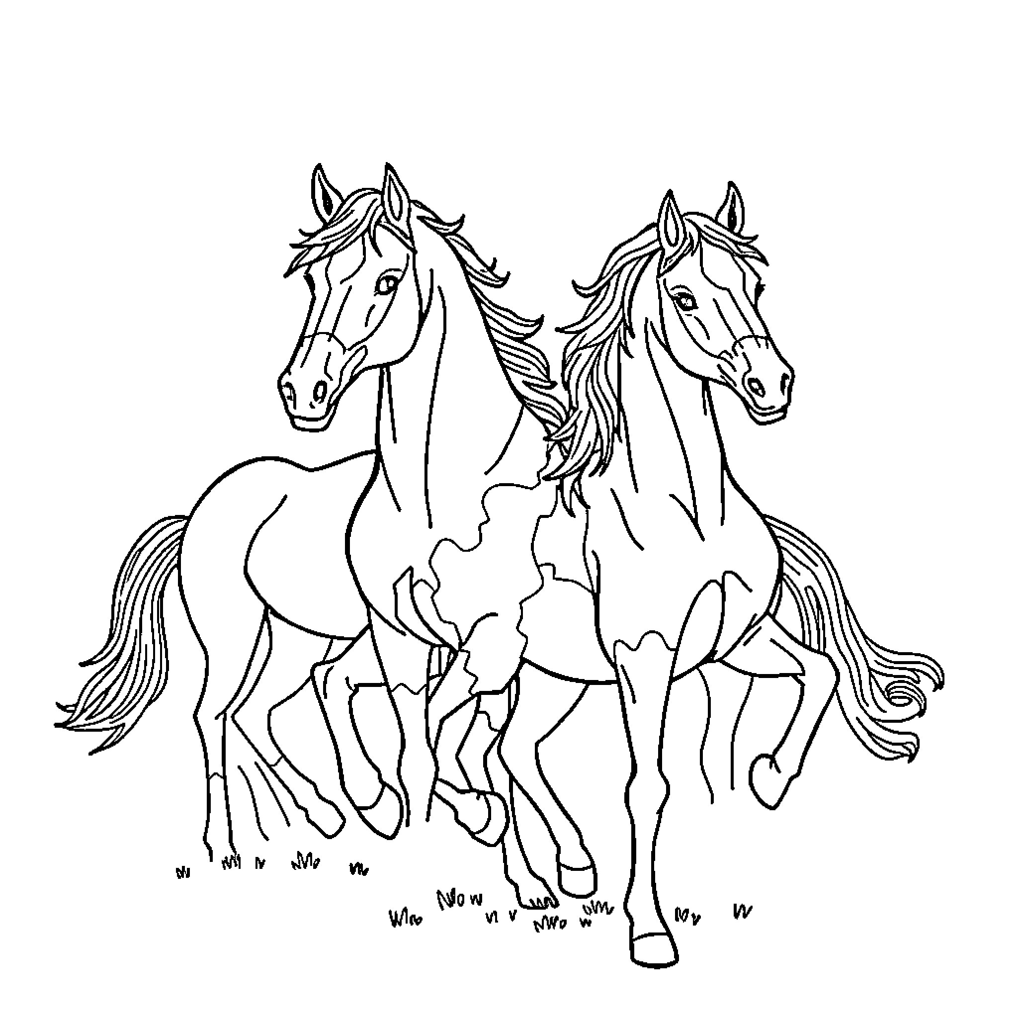 Horse pair running gracefully on the field Coloring Page (free black-and-white line drawing printable PDF for all, from beginners to advanced learners, including children, teens, adults, and seniors)