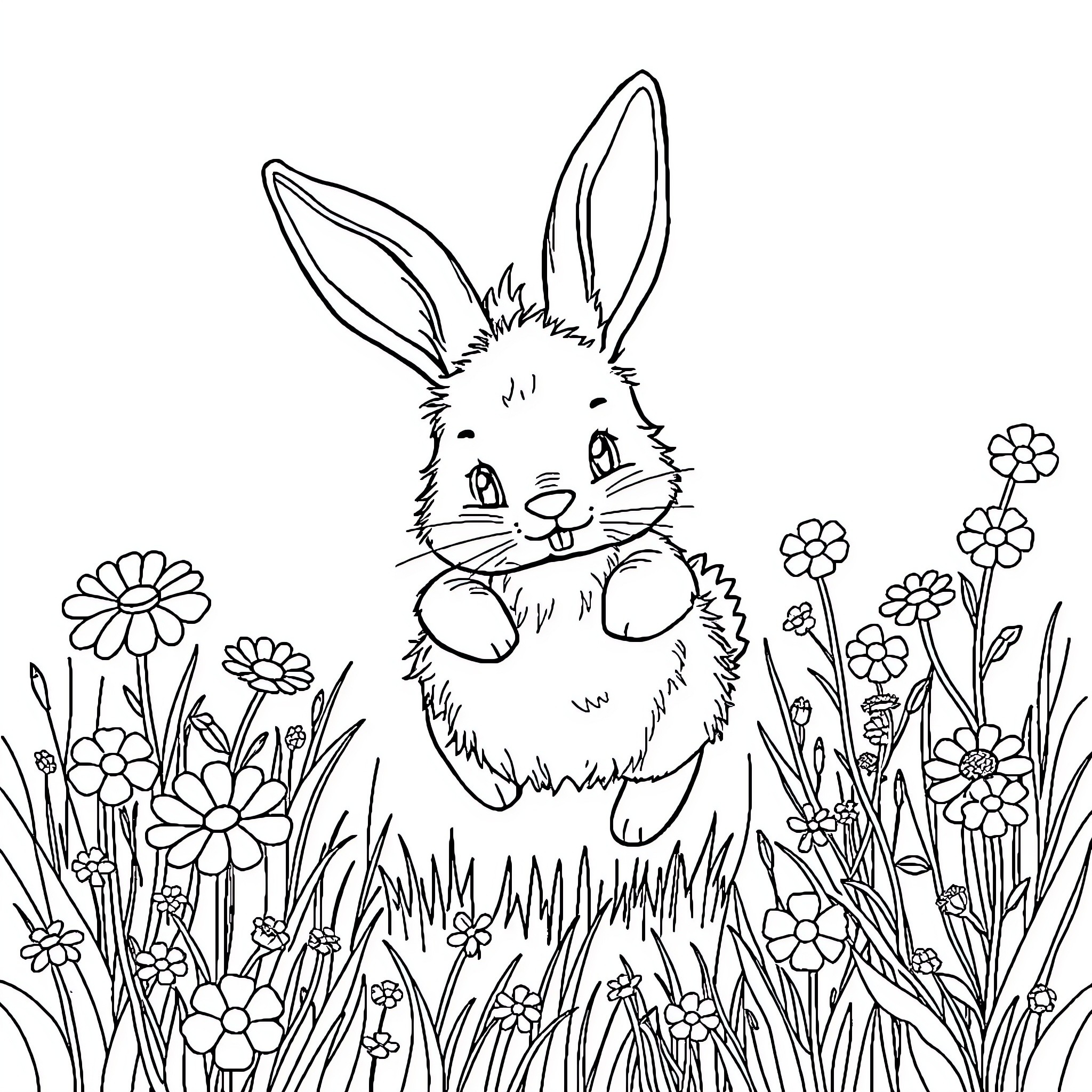 Rabbit in a Flower-Filled Field Coloring Page (free black-and-white line drawing printable PDF for all, from beginners to advanced learners, including children, teens, adults, and seniors)