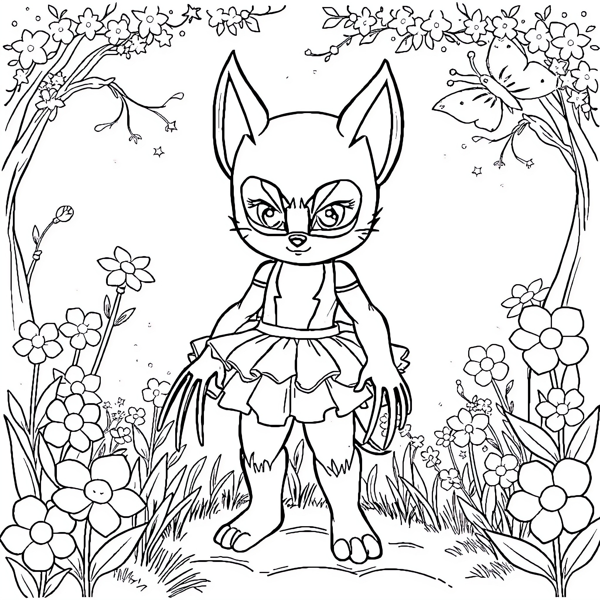 Wolverine Fairy in Enchanted Flower Garden Coloring Page (free black-and-white line drawing printable PDF for all, from beginners to advanced learners, including children, teens, adults, and seniors)