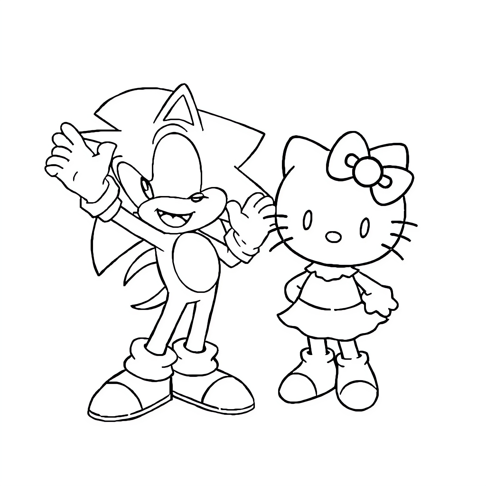 Sonic and Hello Kitty playing together Coloring Page (free black-and-white line drawing printable PDF for all, from beginners to advanced learners, including children, teens, adults, and seniors)