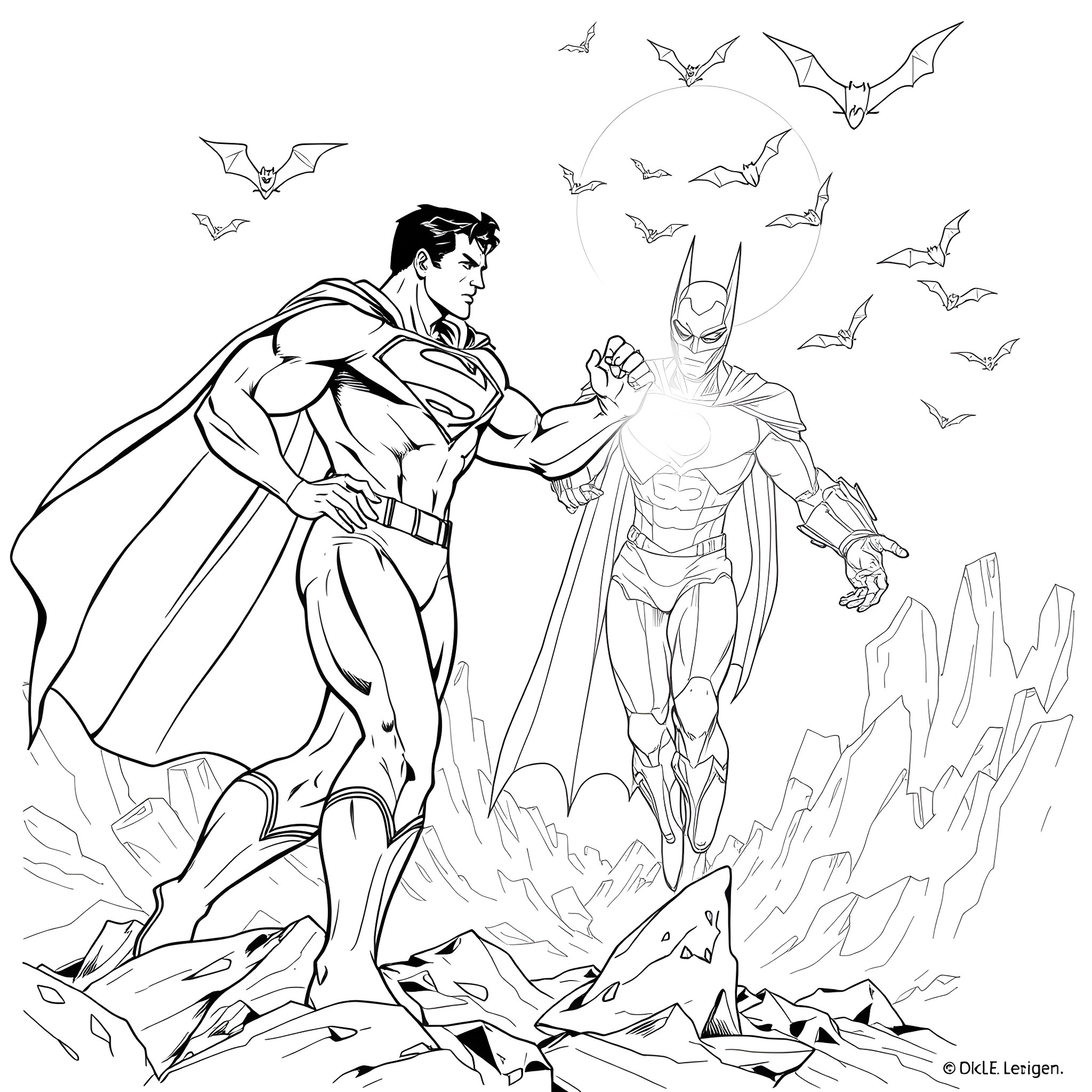 Superman and Batman battling together against villains Coloring Page (free black-and-white line drawing printable PDF for all, from beginners to advanced learners, including children, teens, adults, and seniors)