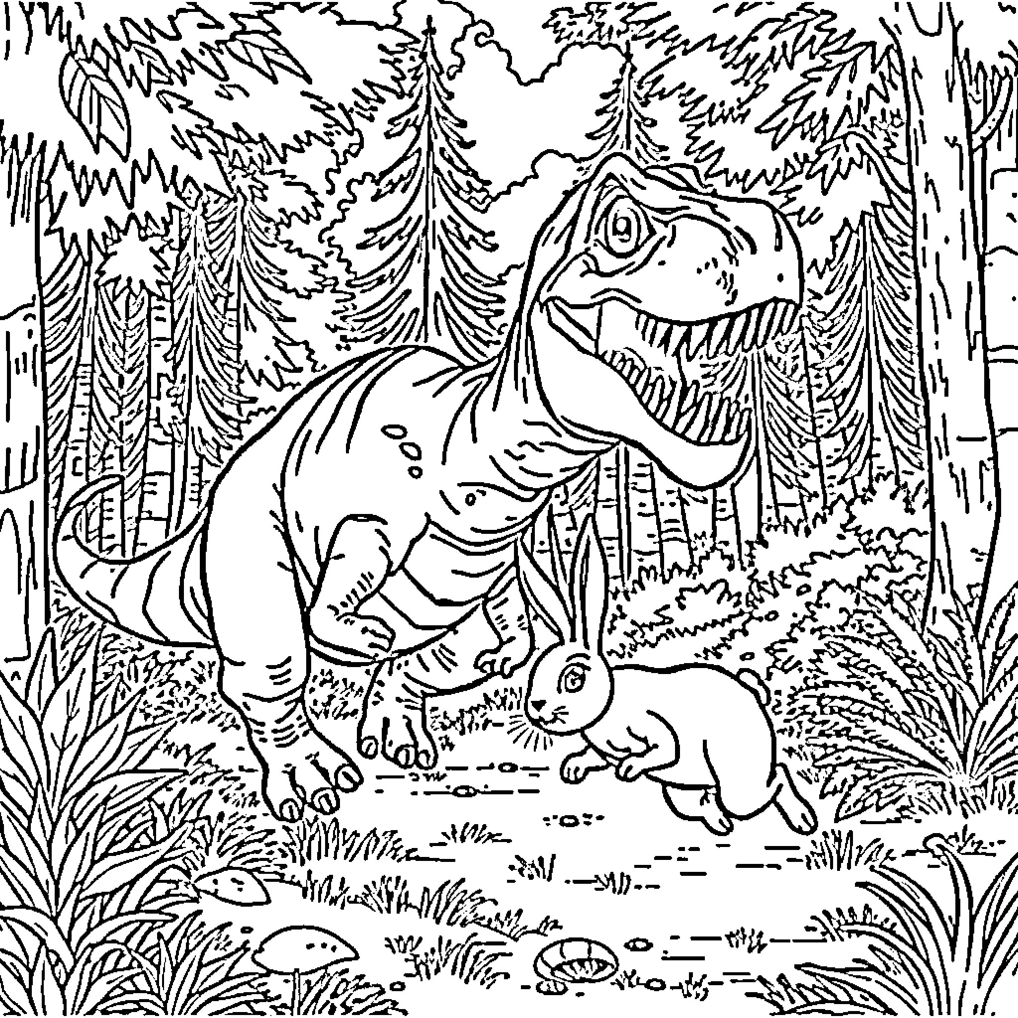 Rabbit Encounters Dinosaur in Enchanted Forest Coloring Page (free black-and-white line drawing printable PDF for all, from beginners to advanced learners, including children, teens, adults, and seniors)