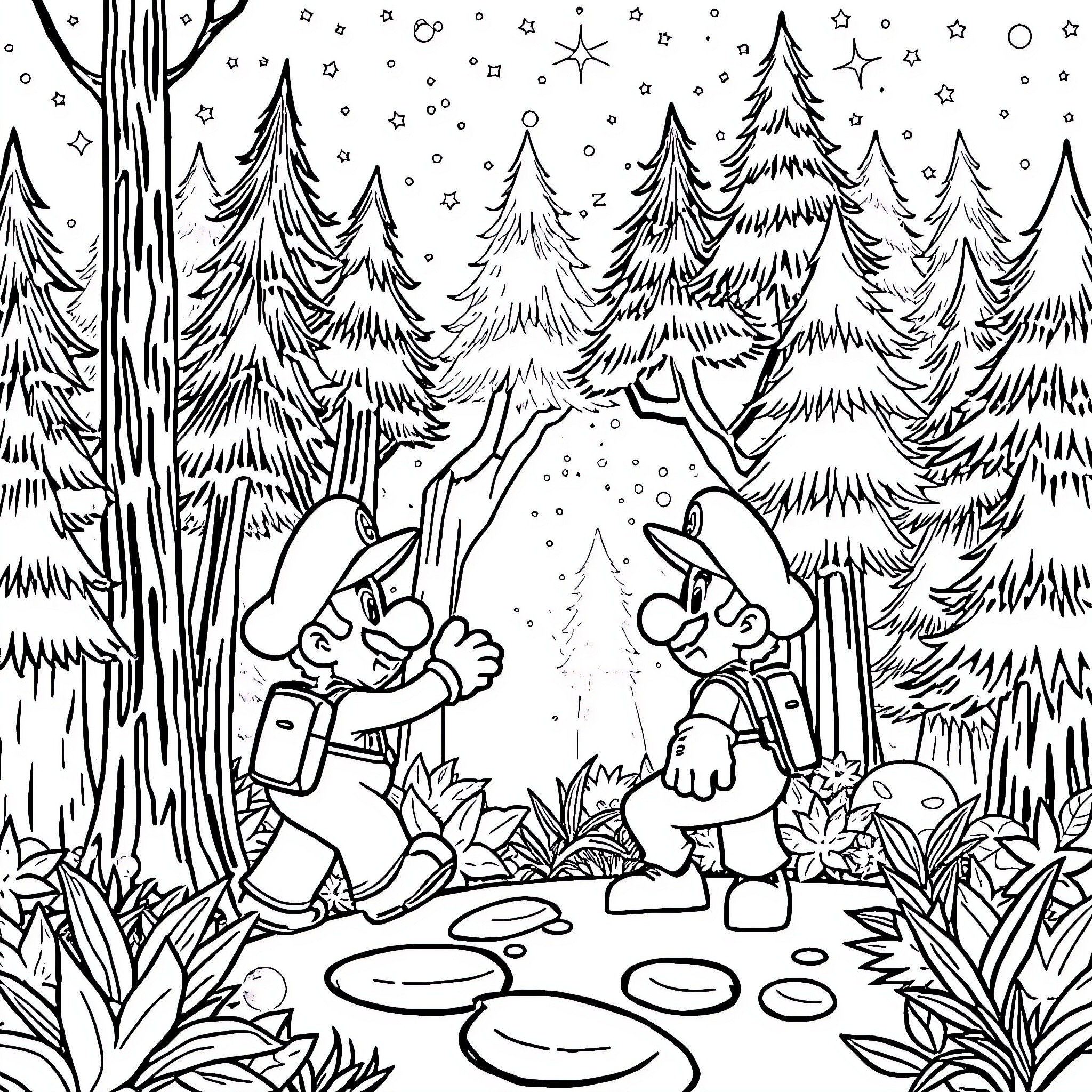 Mario's Winter Wonderland Adventure Coloring Page (free black-and-white line drawing printable PDF for all, from beginners to advanced learners, including children, teens, adults, and seniors)