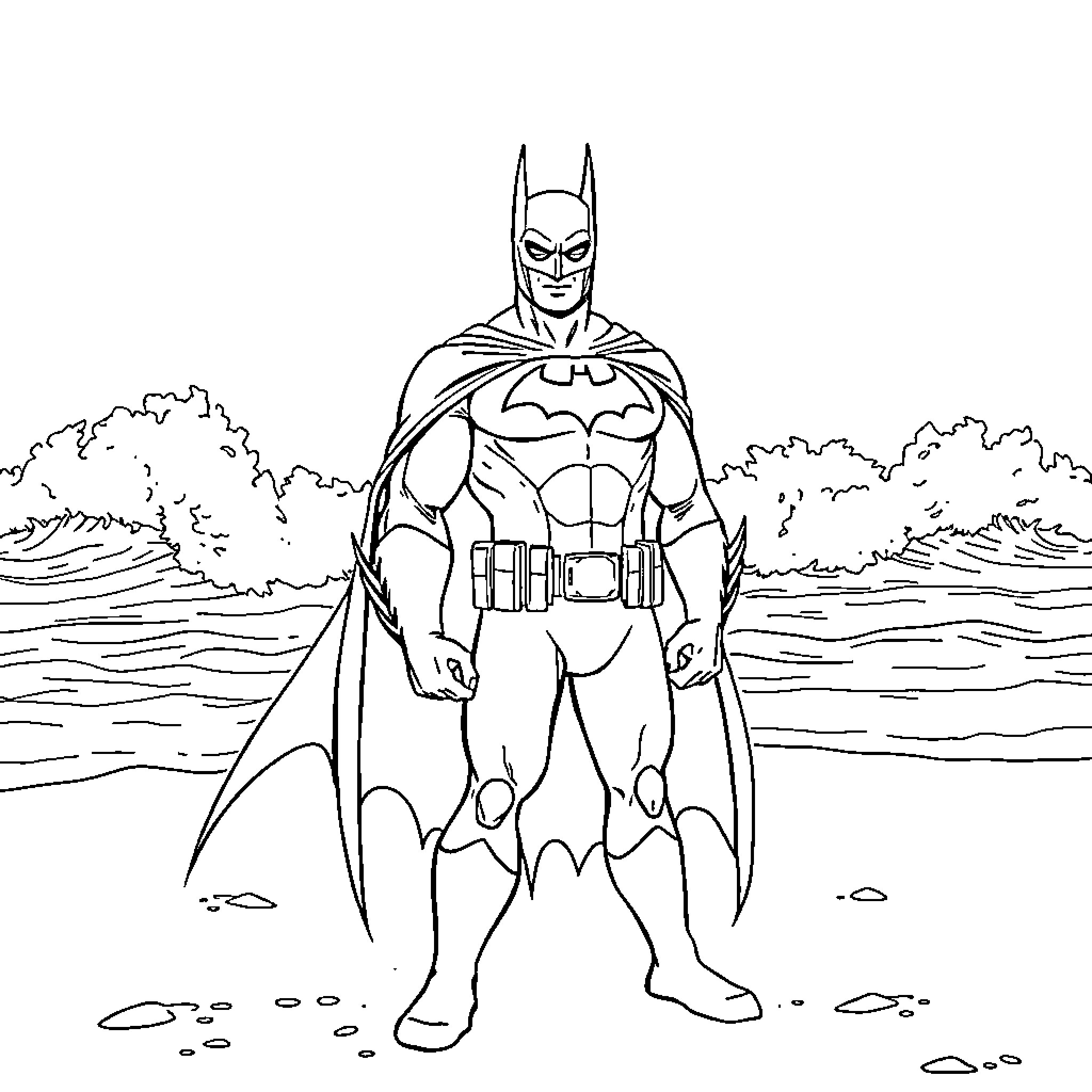 Batman standing tall in the wilderness Coloring Page (free black-and-white line drawing printable PDF for all, from beginners to advanced learners, including children, teens, adults, and seniors)