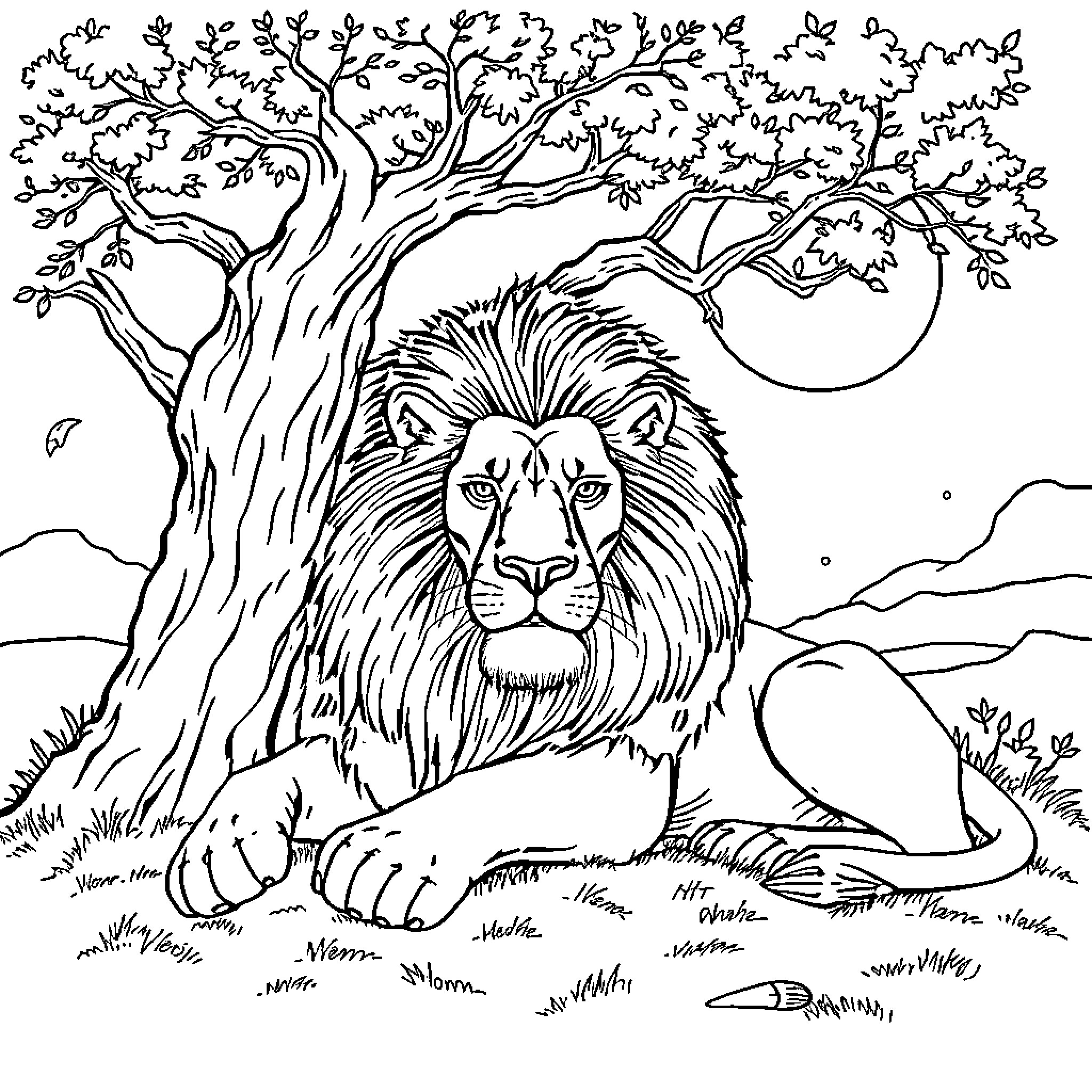 Lion resting under a tree with a full moon Coloring Page (free black-and-white line drawing printable PDF for all, from beginners to advanced learners, including children, teens, adults, and seniors)