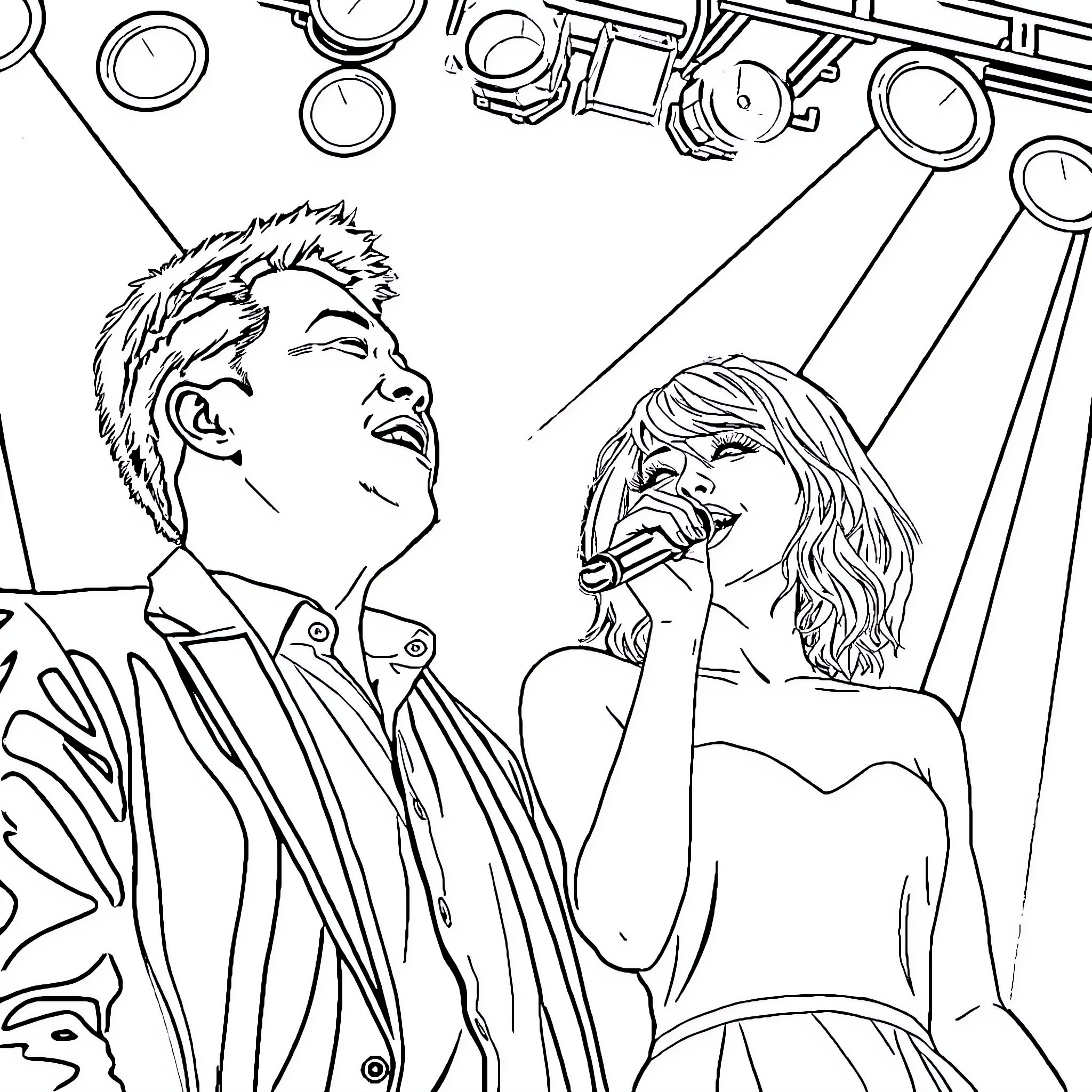 Taylor Swift and male singer performing on stage Coloring Page (free black-and-white line drawing printable PDF for all, from beginners to advanced learners, including children, teens, adults, and seniors)