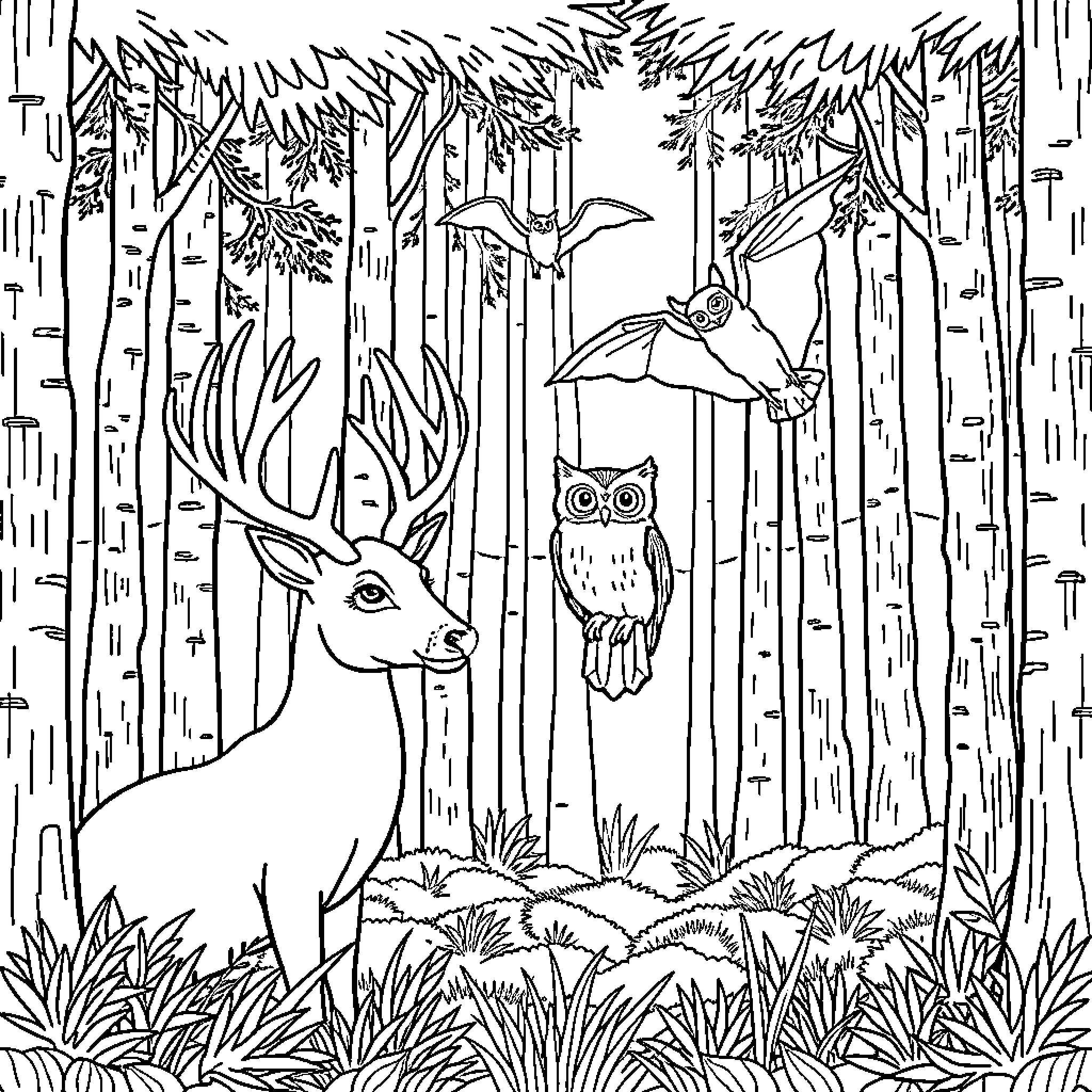 Deer and Owl in a Forested Scene Coloring Page (free black-and-white line drawing printable PDF for all, from beginners to advanced learners, including children, teens, adults, and seniors)