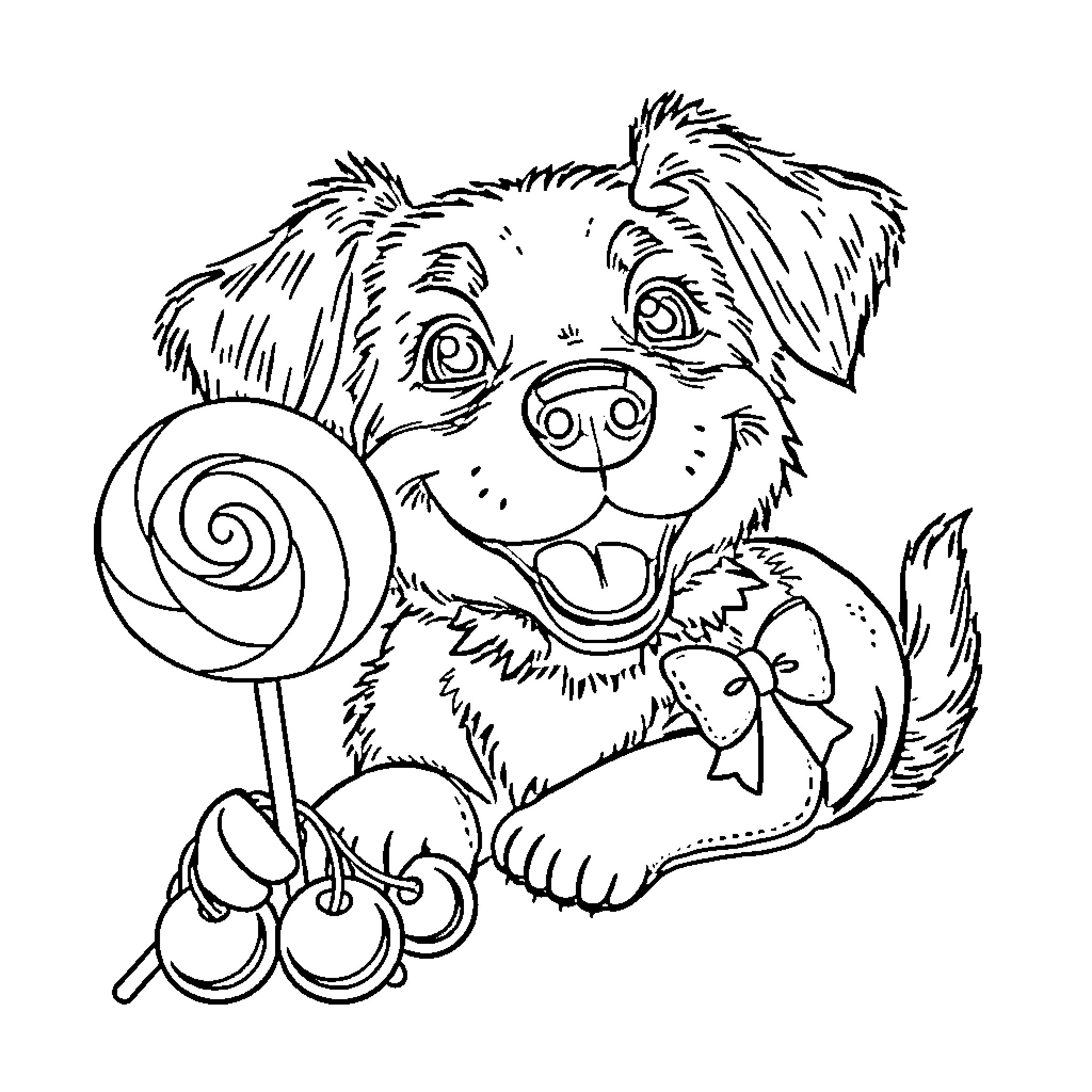 Dog playing with lollipop and ribbon Coloring Page (free black-and-white line drawing printable PDF for all, from beginners to advanced learners, including children, teens, adults, and seniors)