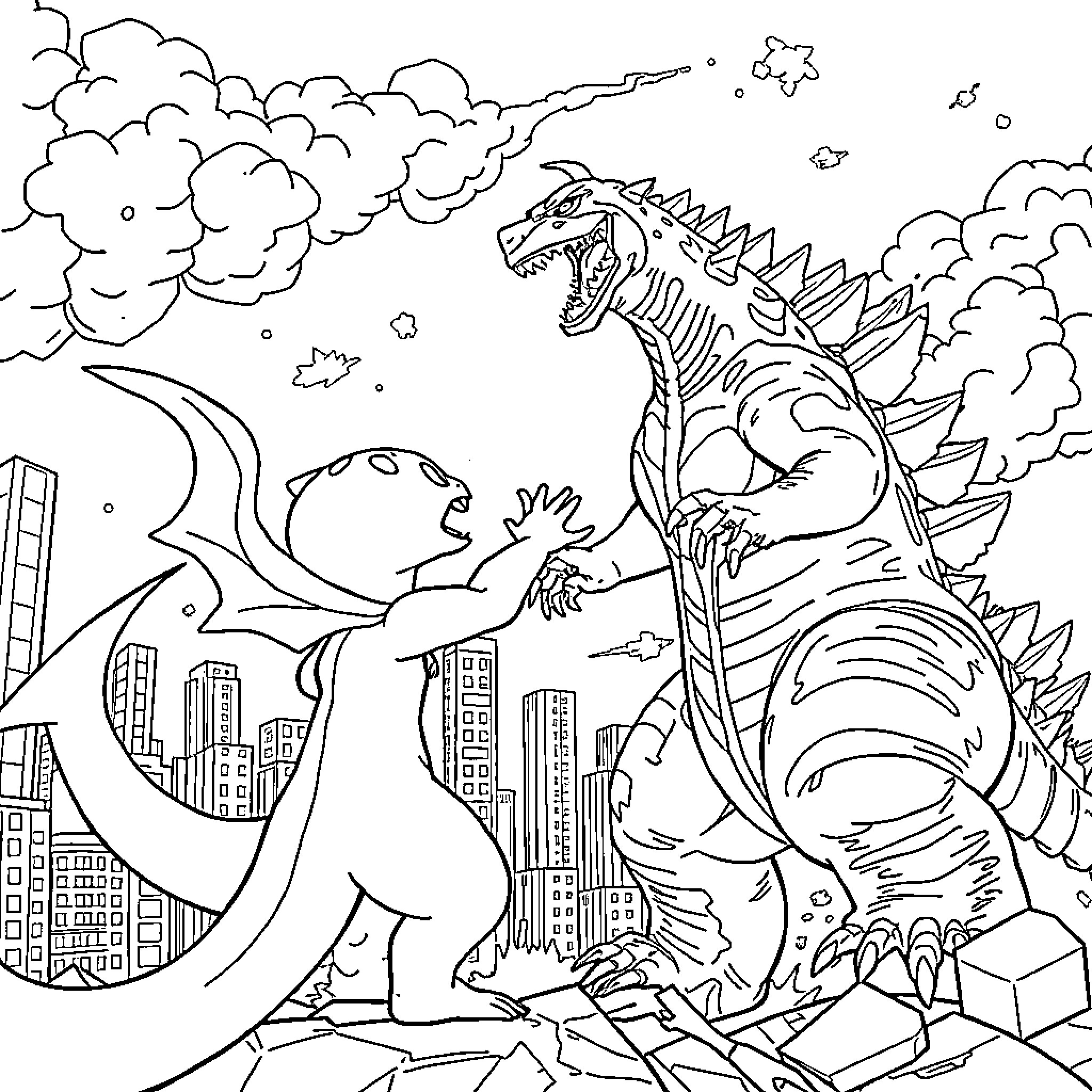 Mewtwo battles a monstrous kaiju in a cityscape Coloring Page (free black-and-white line drawing printable PDF for all, from beginners to advanced learners, including children, teens, adults, and seniors)