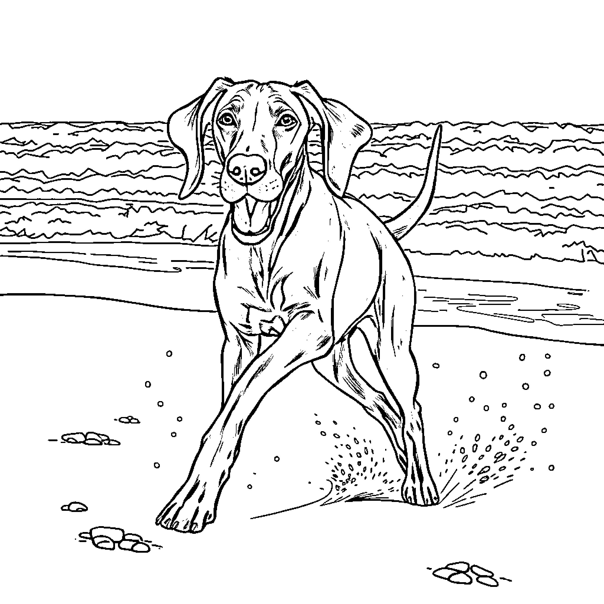 Weimaraner playing joyfully on the beach Coloring Page (free black-and-white line drawing printable PDF for all, from beginners to advanced learners, including children, teens, adults, and seniors)
