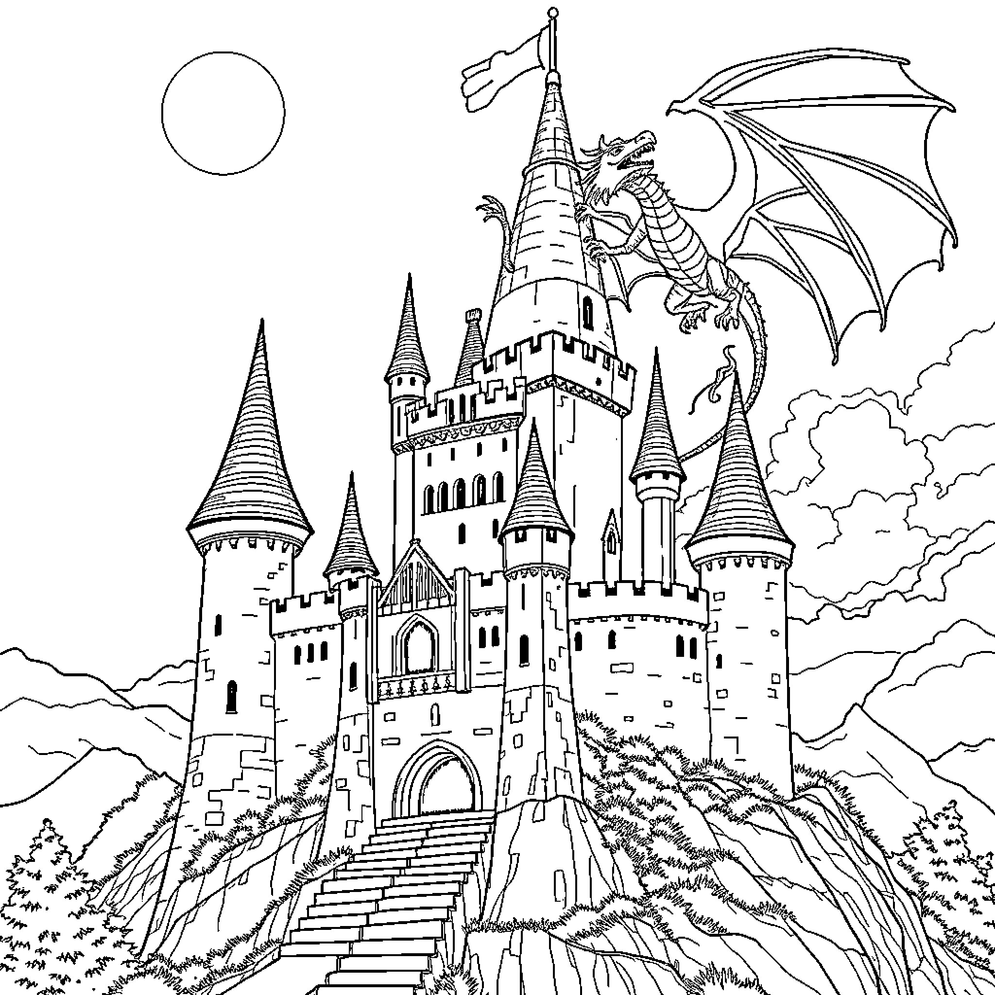 Castle with Dragon Guarding Majestic Towers Coloring Page (free black-and-white line drawing printable PDF for all, from beginners to advanced learners, including children, teens, adults, and seniors)