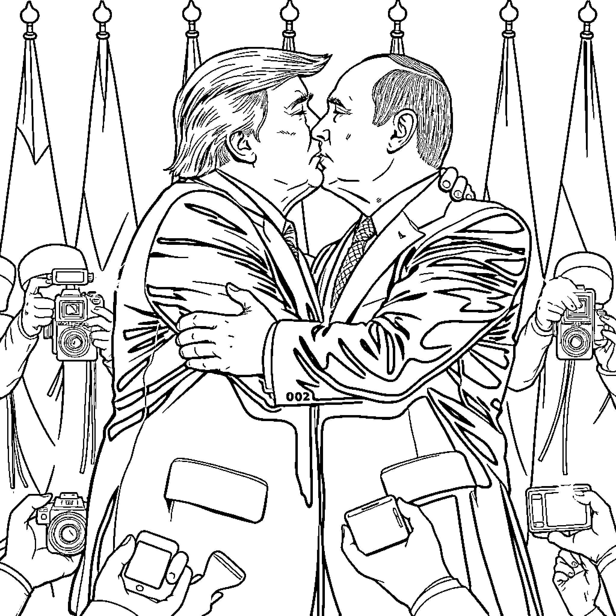 Donald Trump and Putin embrace in front of political symbols Coloring Page (free black-and-white line drawing printable PDF for all, from beginners to advanced learners, including children, teens, adults, and seniors)