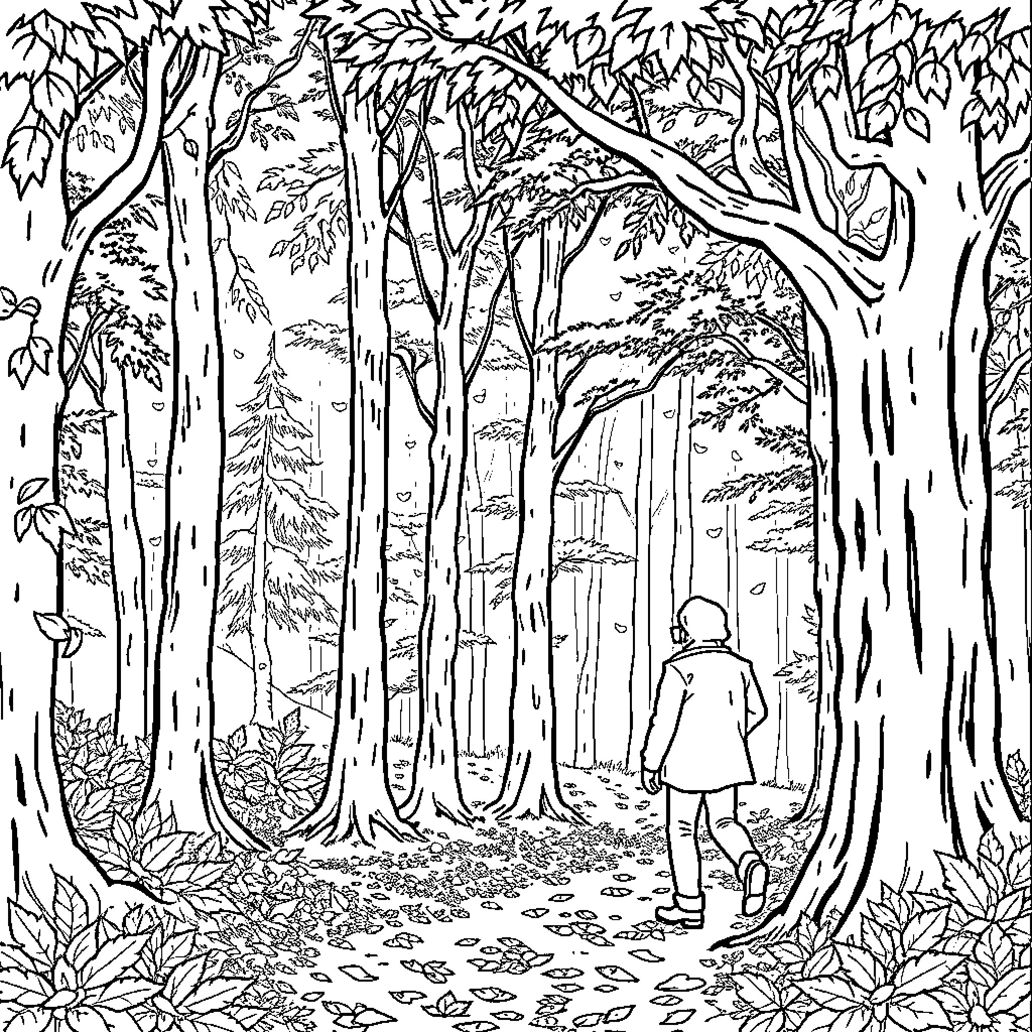 Bonhomme exploring the enchanting forest Coloring Page (free black-and-white line drawing printable PDF for all, from beginners to advanced learners, including children, teens, adults, and seniors)