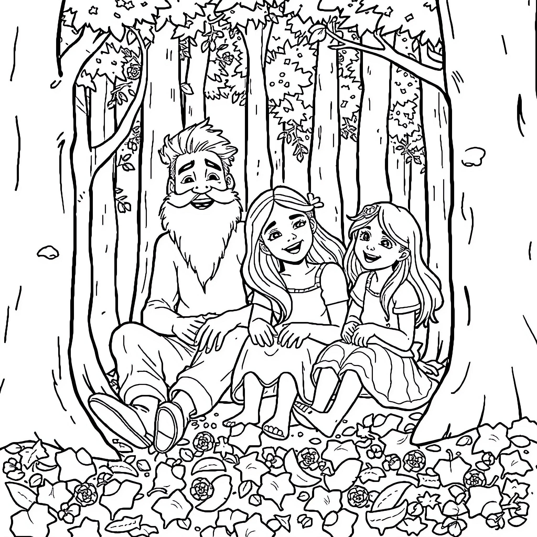 Family enjoying nature's beauty in the forest Coloring Page (free black-and-white line drawing printable PDF for all, from beginners to advanced learners, including children, teens, adults, and seniors)