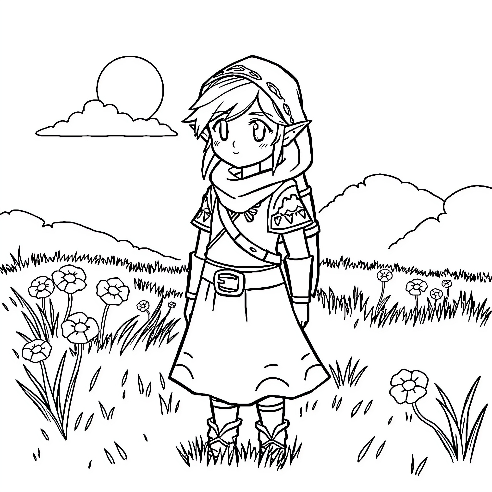 Link exploring a serene landscape Coloring Page (free black-and-white line drawing printable PDF for all, from beginners to advanced learners, including children, teens, adults, and seniors)