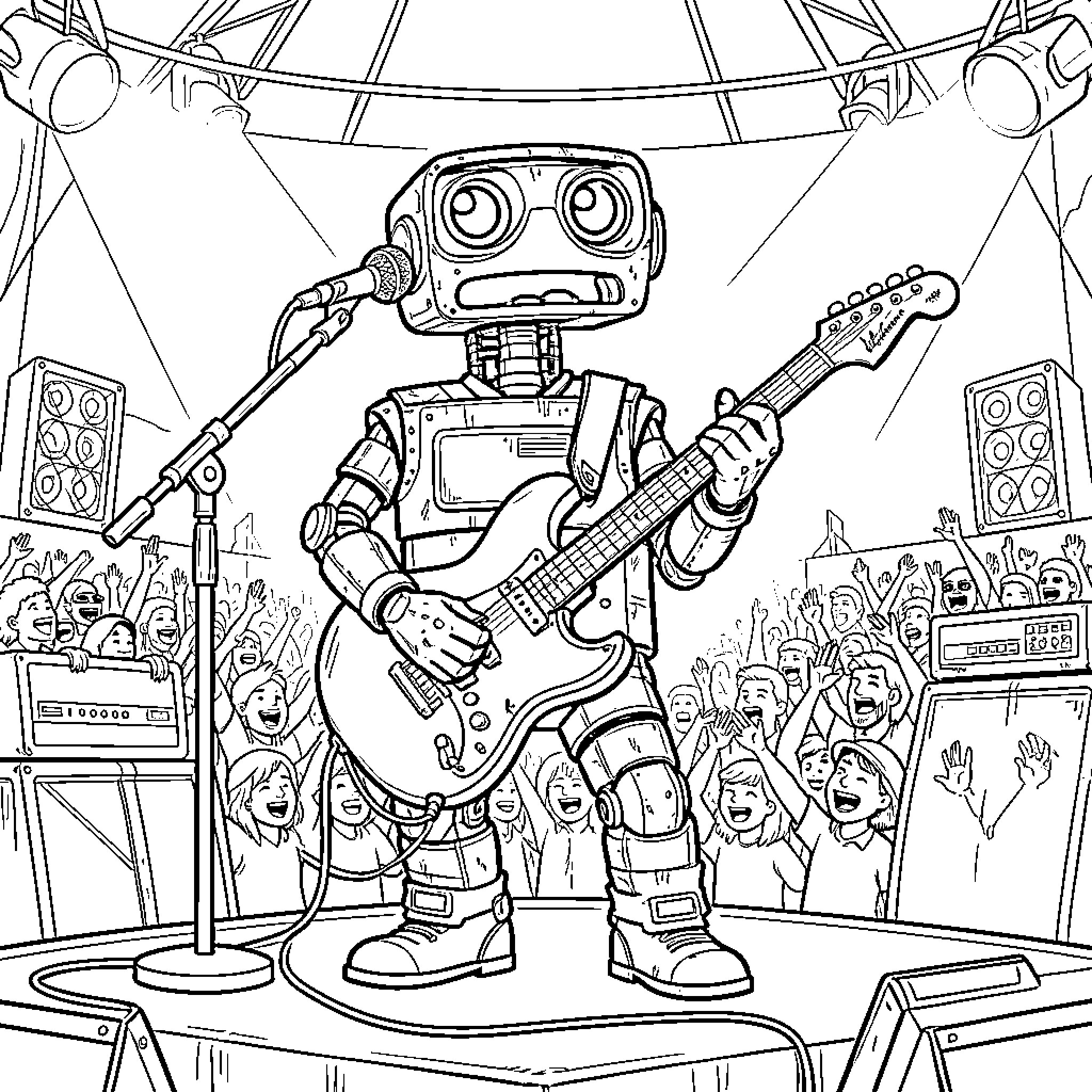 Wall-E performing a rock concert on stage with a guitar Coloring Page (free black-and-white line drawing printable PDF for all, from beginners to advanced learners, including children, teens, adults, and seniors)
